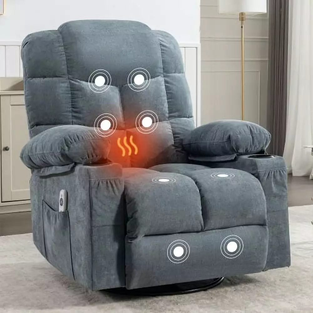 Massage Rocker Recliner Chair Oversized 2 Cup Holders USB Charge Port Manual Massage and Heat Blue Onuobao
