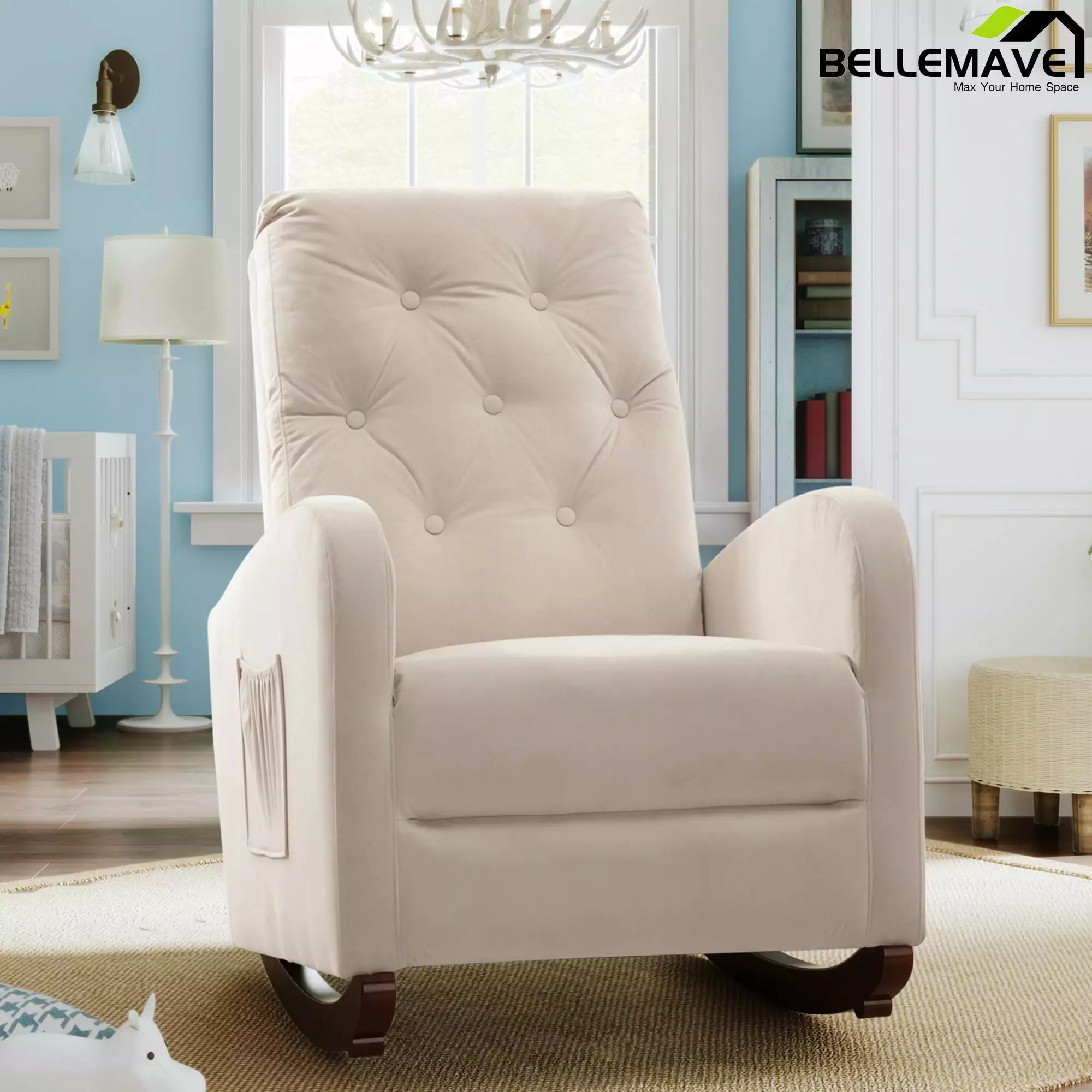 Bellemave Living Room High Back Rocking Chair Nursery Chair Beige Velvet Upholstered