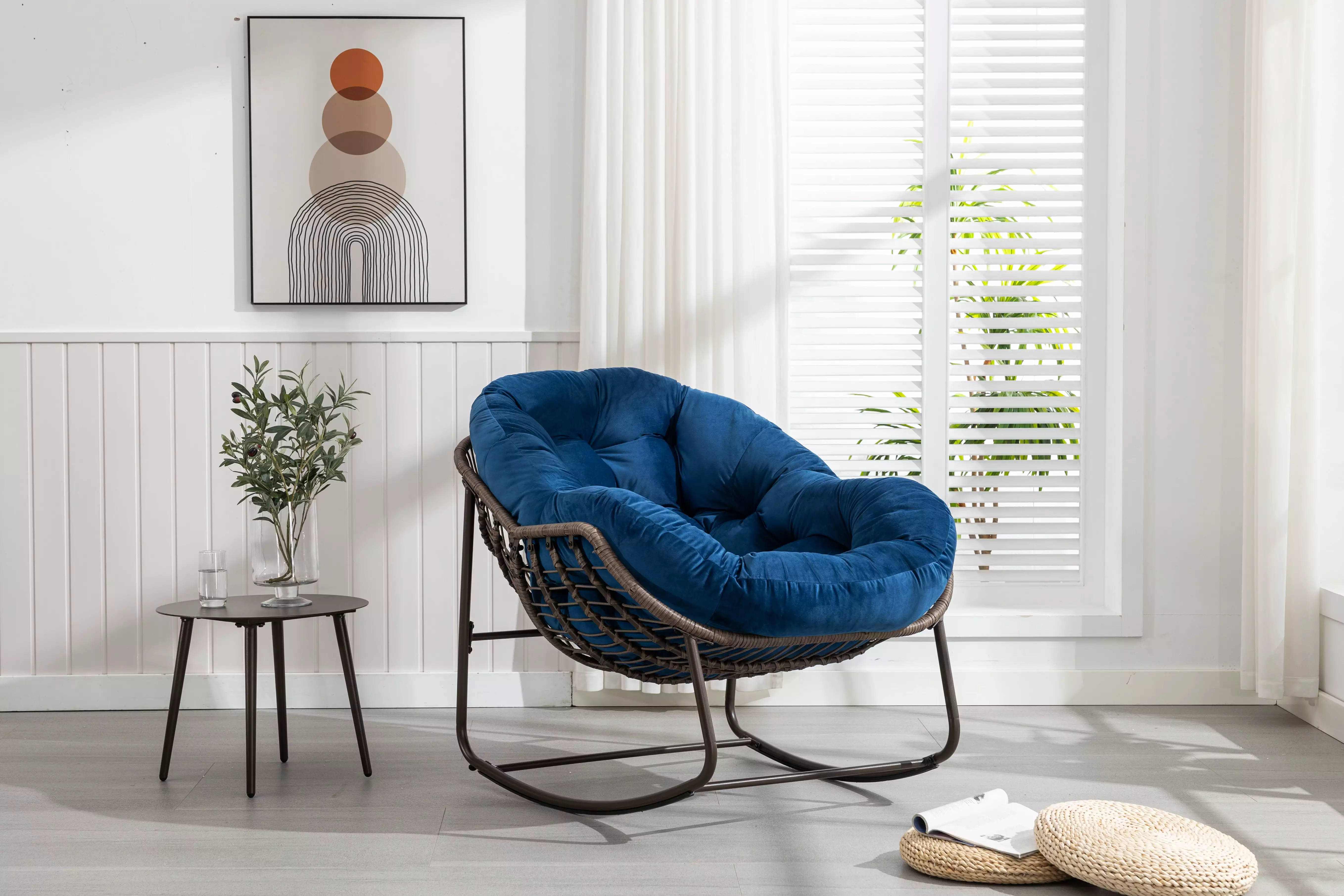 CoSoTower Navy Blue Outdoor Rattan Rocking Chair Padded Cushion Recliner Patio Garden