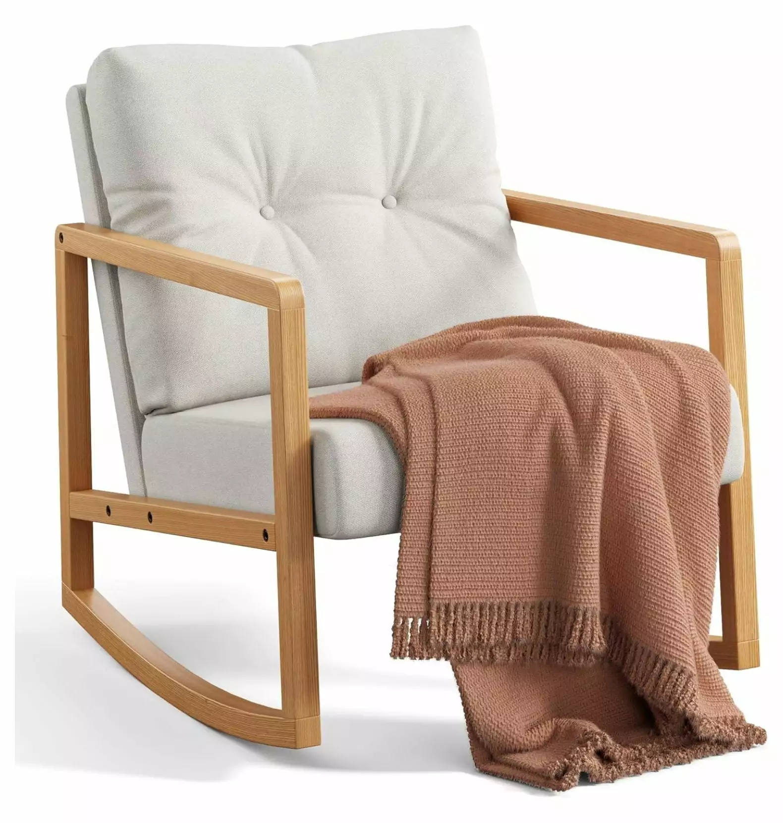 ZHAOTONG Century Accent Rocking Chair Upholstered Linen Chair Extra Back Pillow Beige
