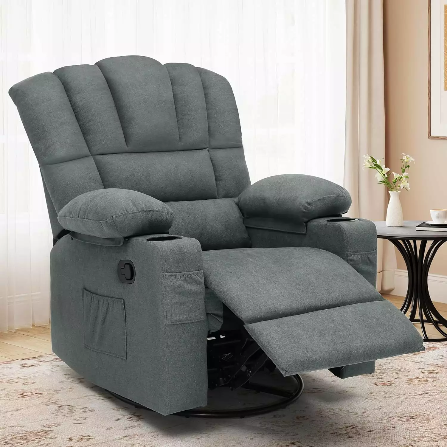 FJU Manual Swivel Rocking Recliner Chair Elderly Cup Holders and Side Pockets Grey