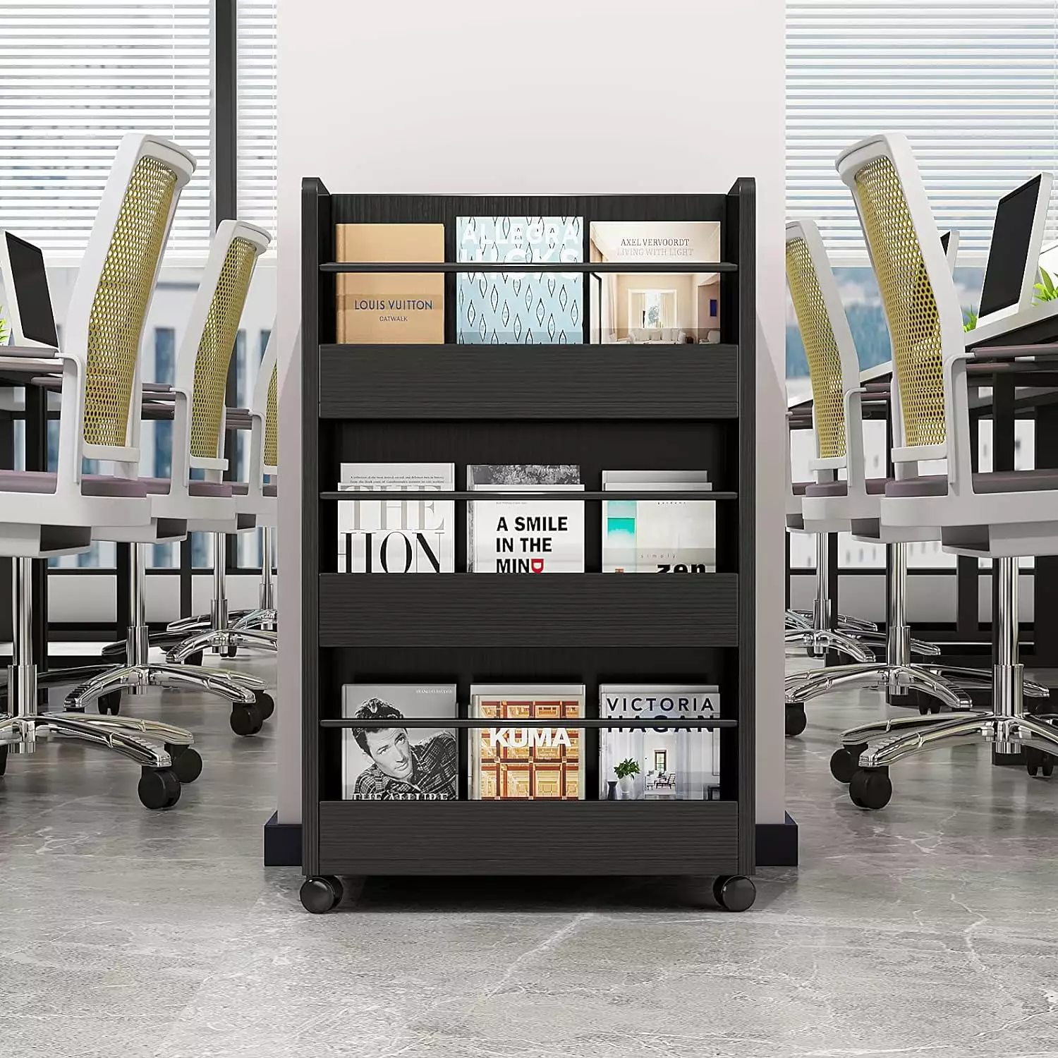 3-Tier Rolling Bookcase Wood Book Cart Storage Shelves Movable Display Shelf Home Office ALISEND