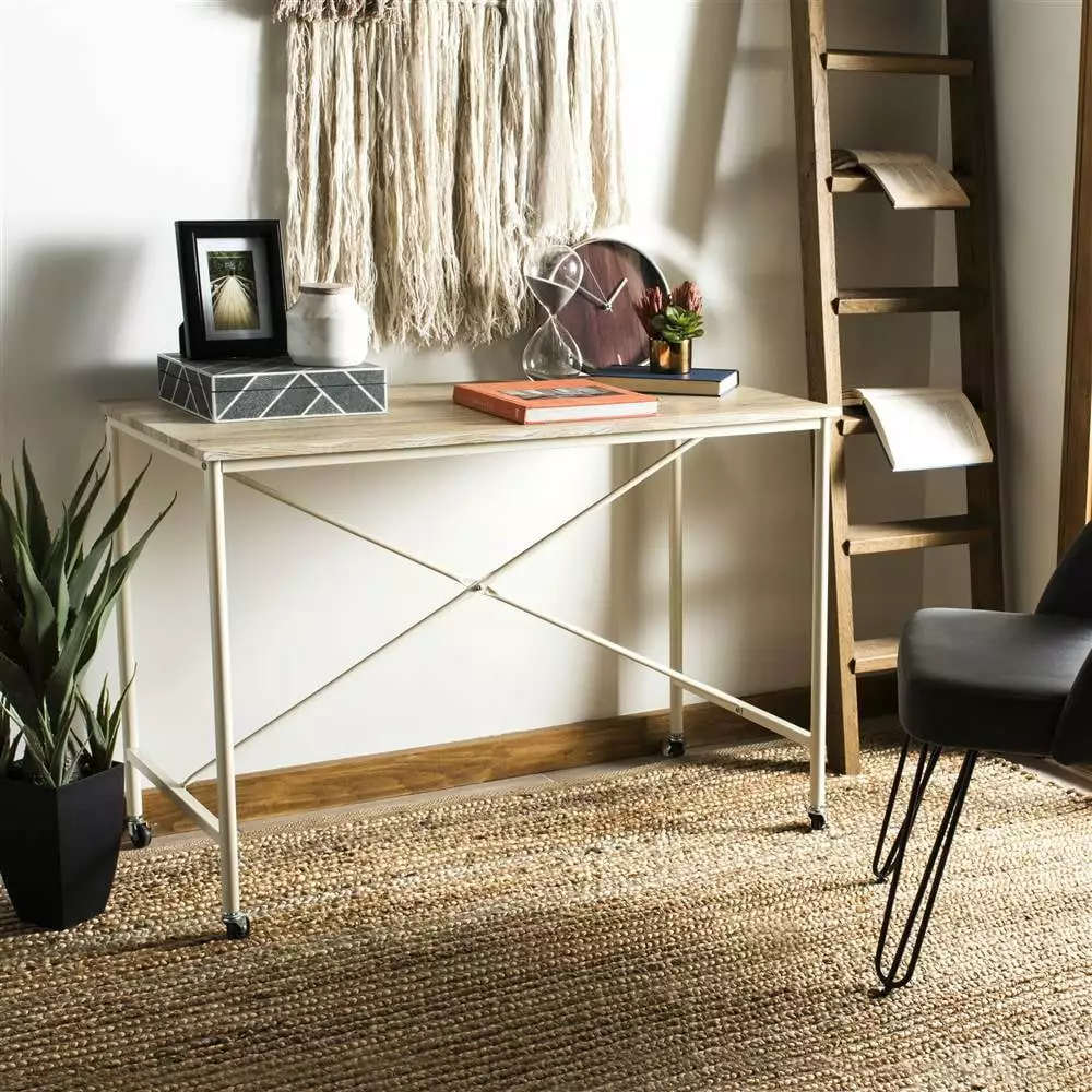 SAFAVIEH Callie Timeless Farmhouse Rolling Desk Light Oak Cream Mobile Writing Table