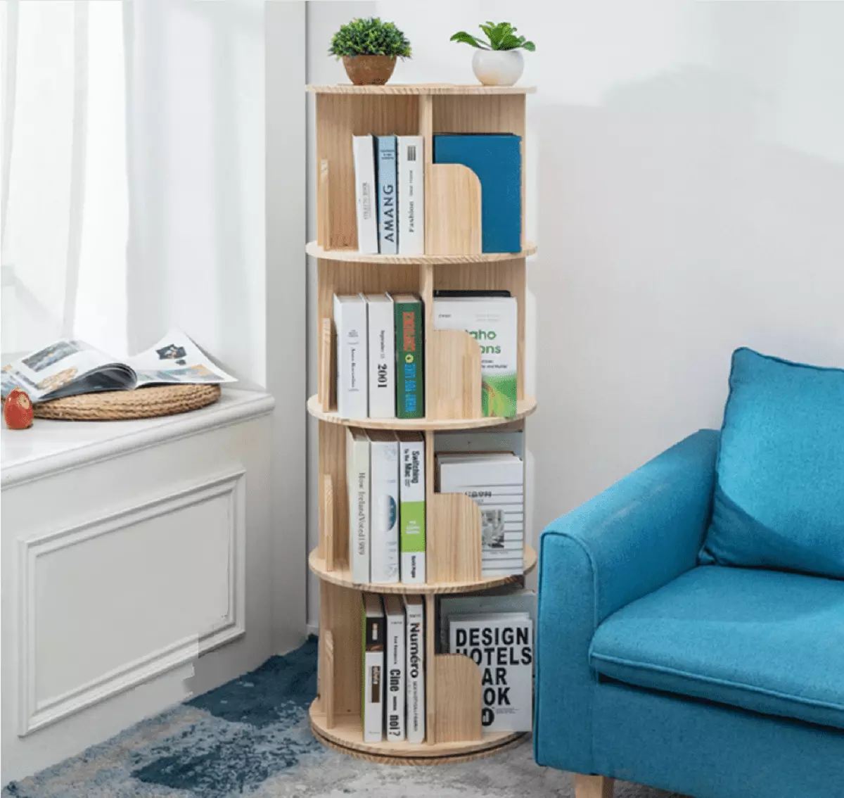 Rotating Bookshelf 360 Display 4 Tier Floor Standing Bookcase Solid Wood Heehee