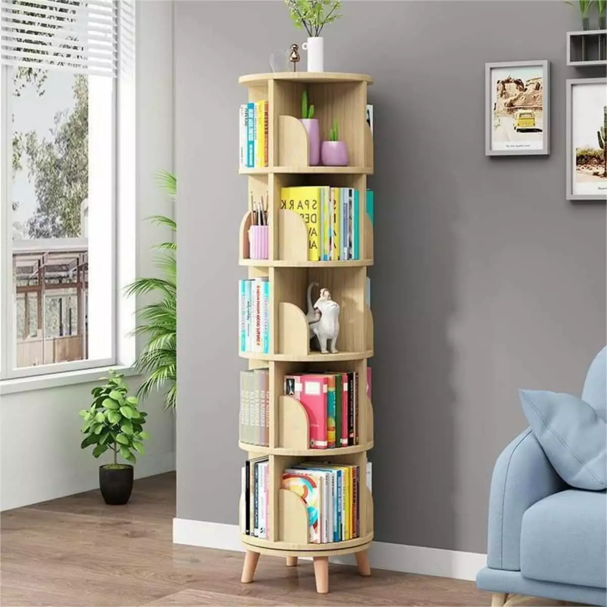 Miumaeov Upgraded 5 Tier Tall Rotating Bookshelf Legs Large Stackable Wooden Storage Bookcase
