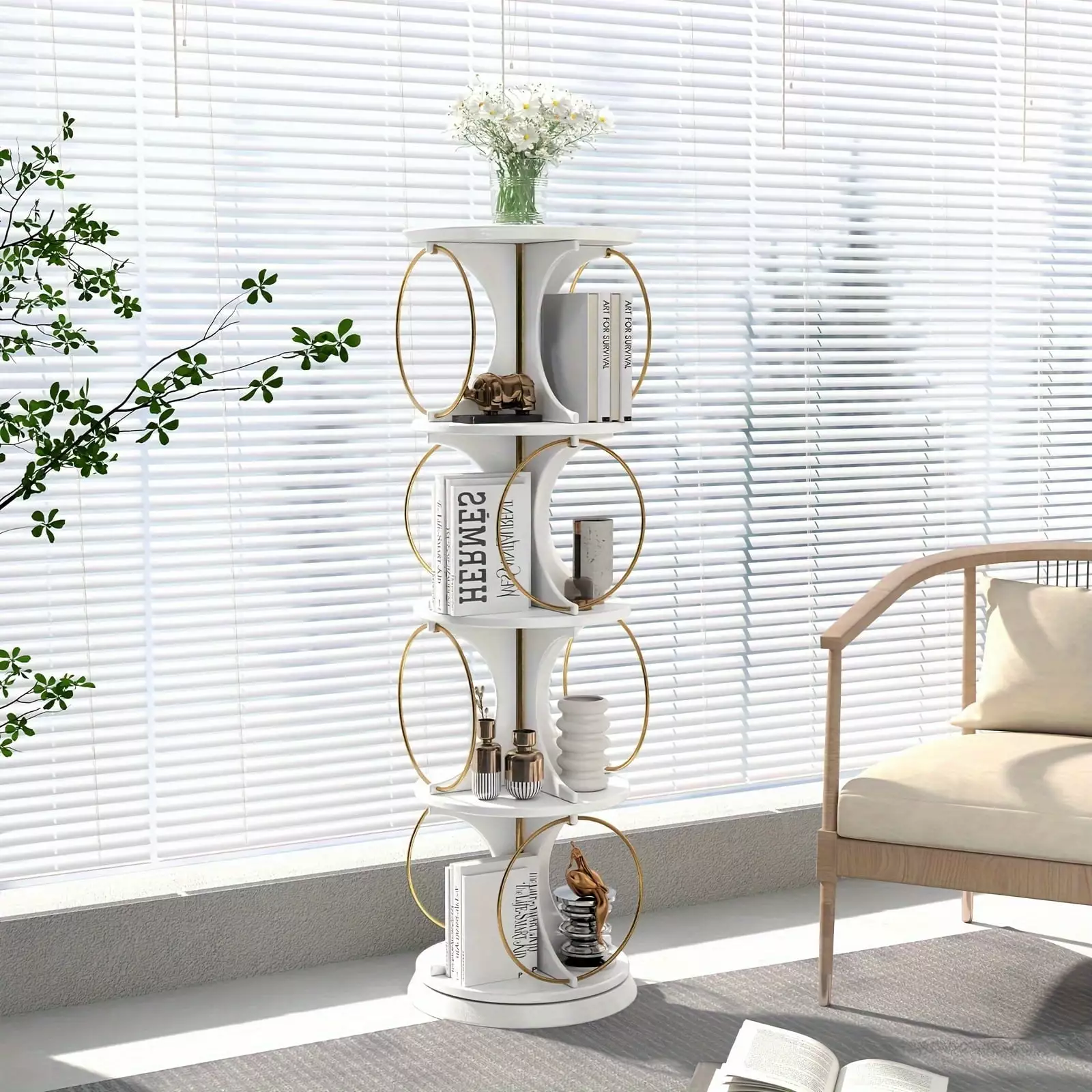 Poutilizeayar Rotating Bookshelf 360 Display Floor Standing Bookcase Storage Rack Multi-Practical Arranger 4-Tier pouseayar