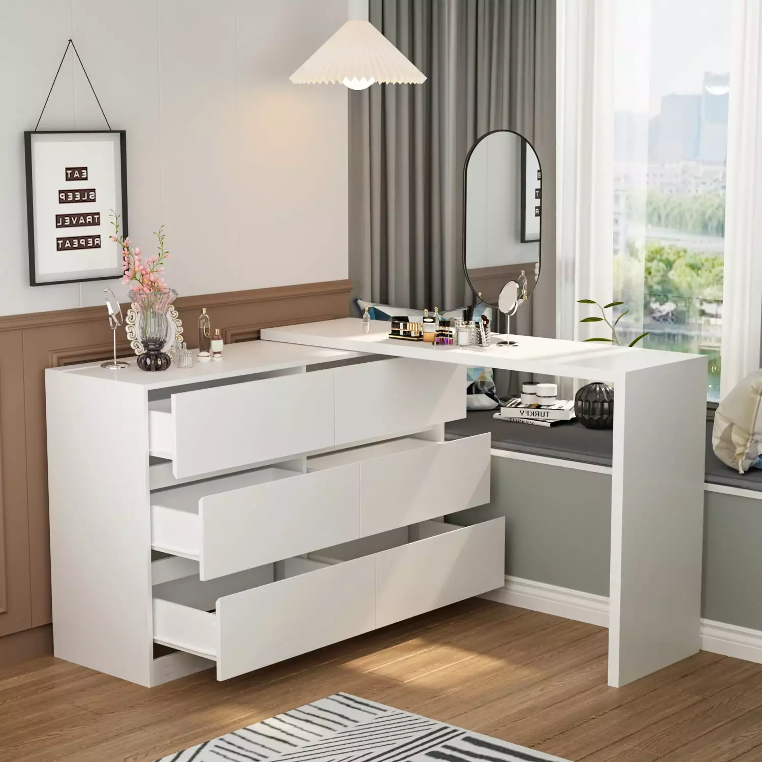 MONSLIPA Rotating White Drawer Dresser Storage Cabinet 6 Drawers Home Office