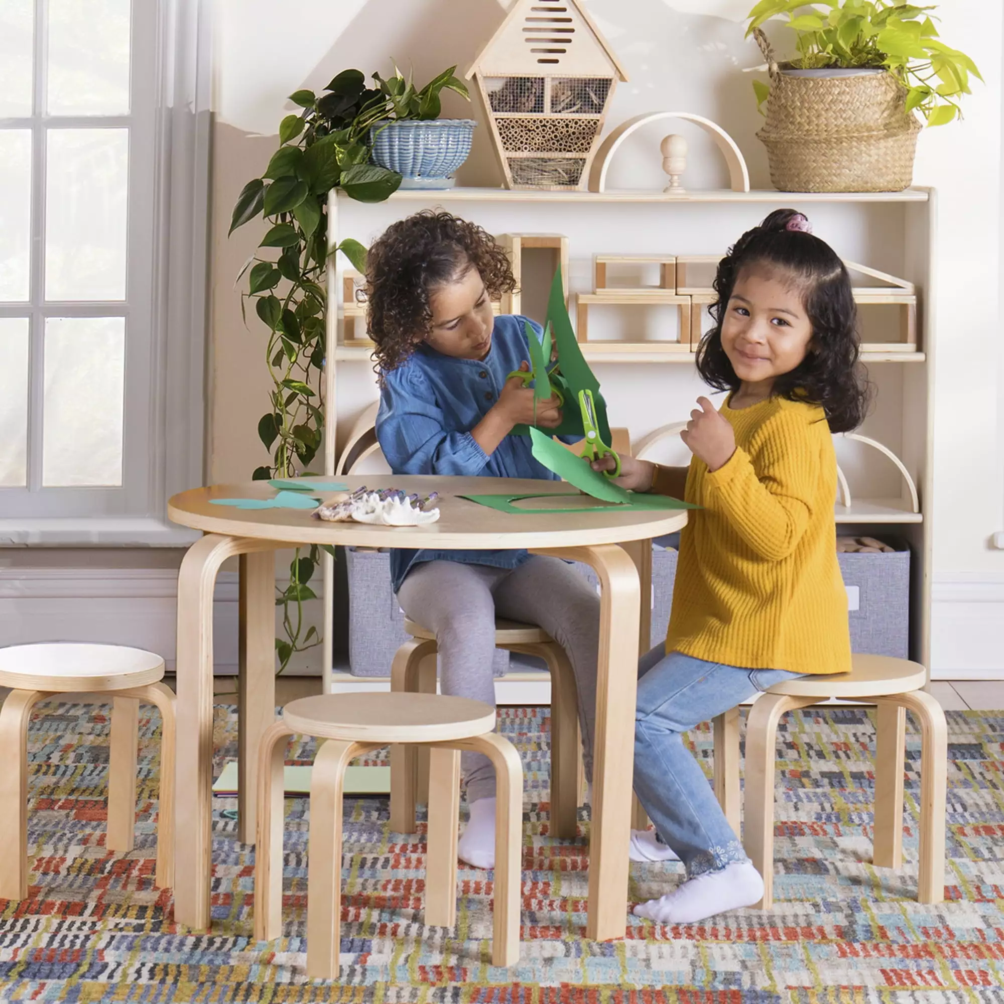 Guidecraft Kids' Nordic Table and Chairs Set Natural Wood 4 Stools