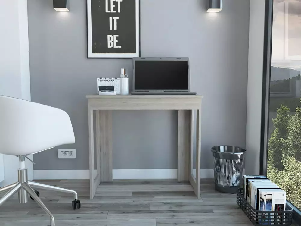 Triple Tree Rectangle Writing Desk Rustic Wooden Computer Table Wide Tabletop Living Room Bedroom Dorm Light Gray