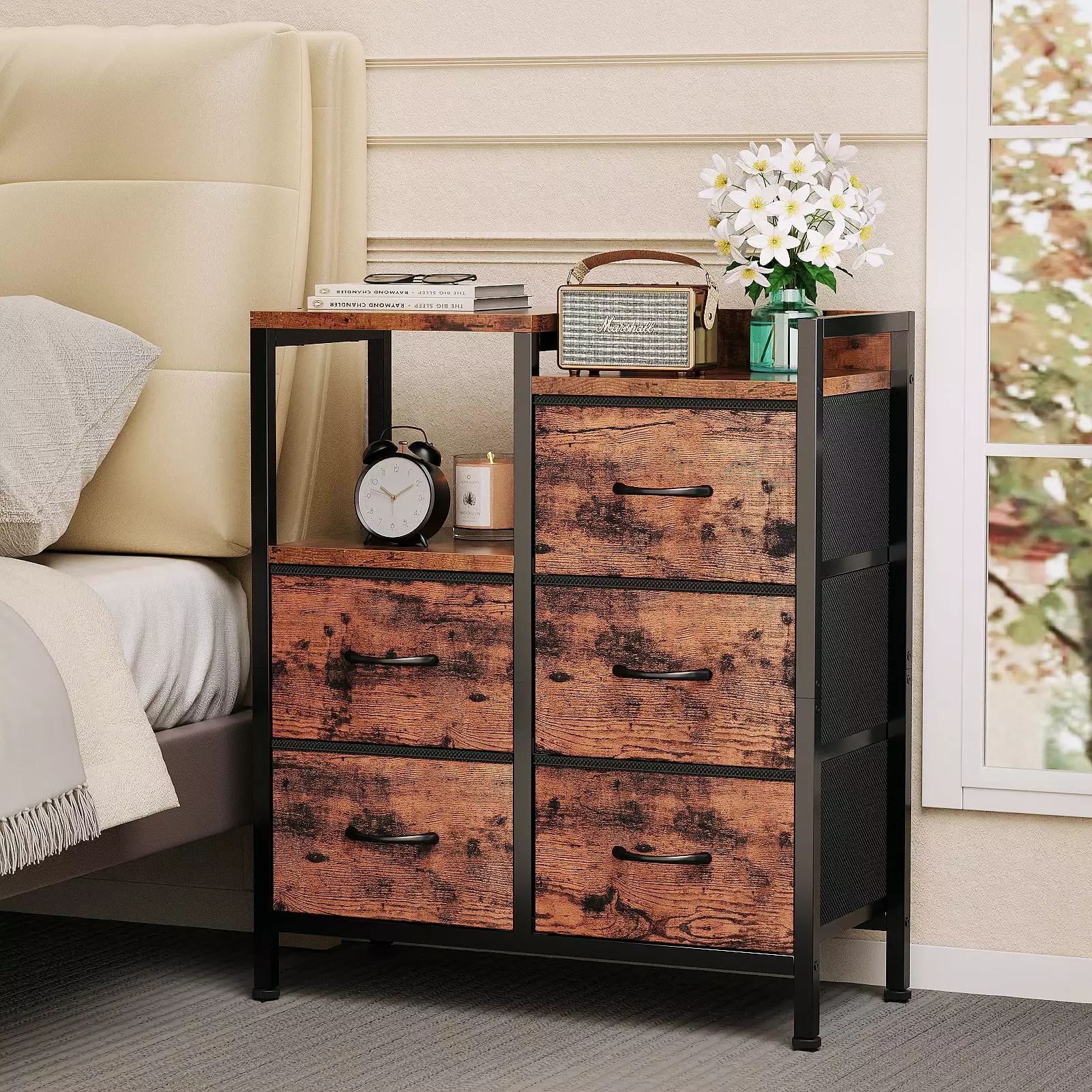 Satifur Rustic Brown 3 Tier Wide Nightstand 5 Fabric Drawers