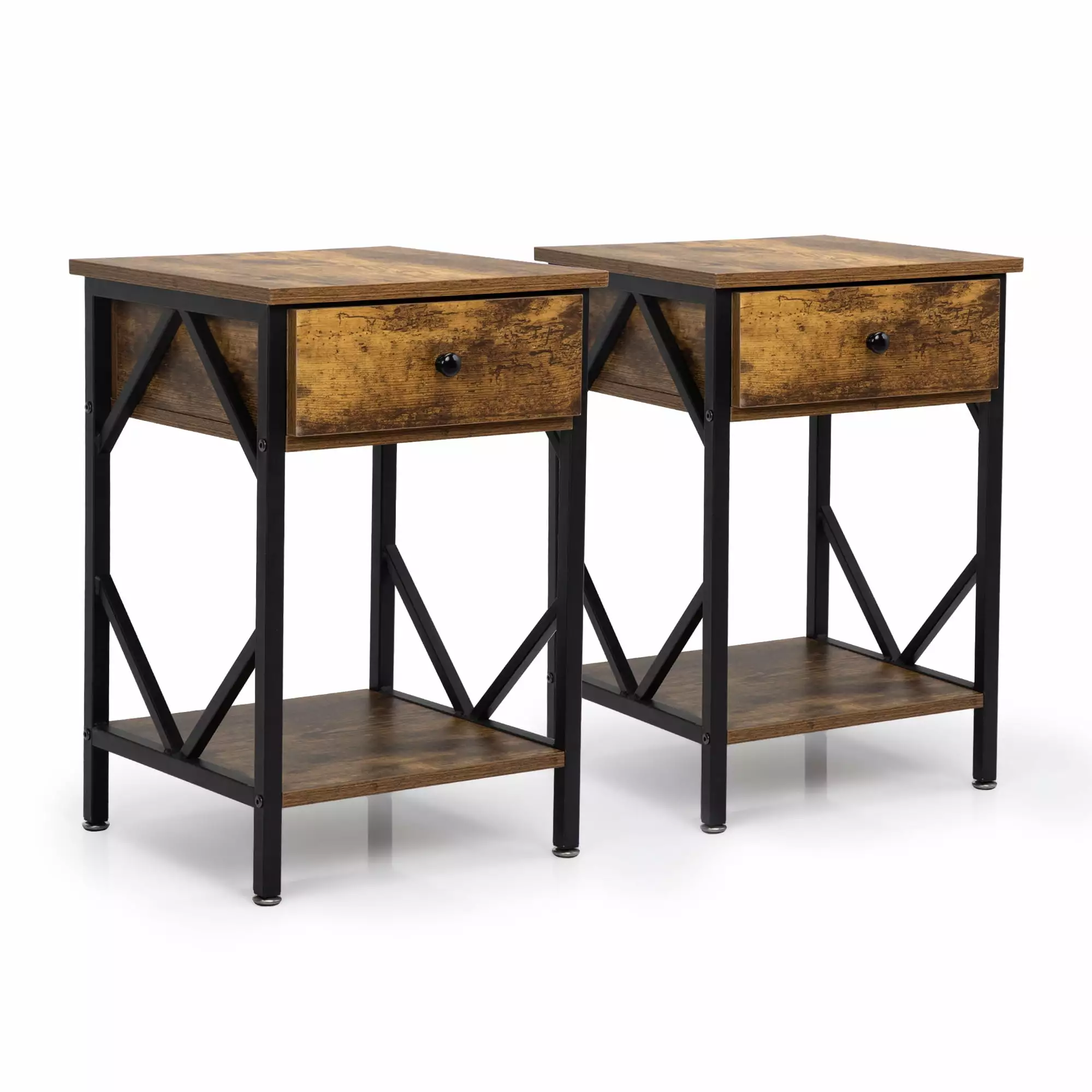 2PCS Farmhouse Nightstand Drawers Wood Side Table Storage Shelf Metal Frame Rustic Brown End Table Syngar