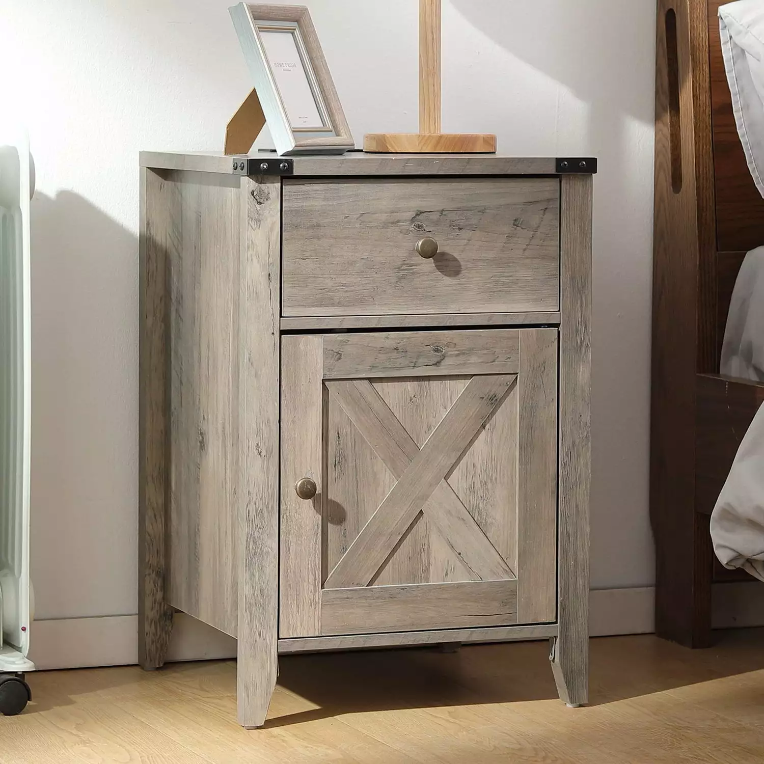 Tolead Barnwood Rustic Nightstand Barn Door and Drawers Weathered Oak Style