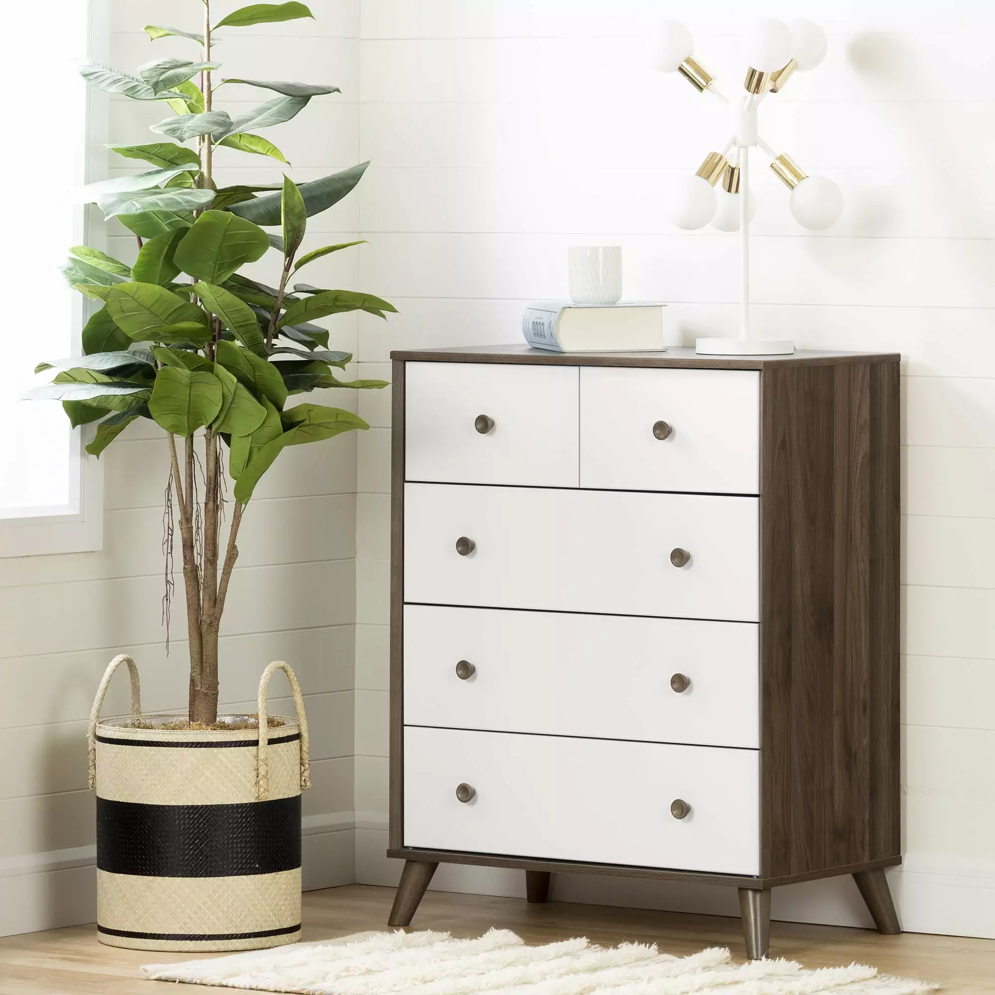 South Shore Yodi Scandinavian 5-Drawers Dresser Natural Walnut and White Minimalist Bedroom Storage