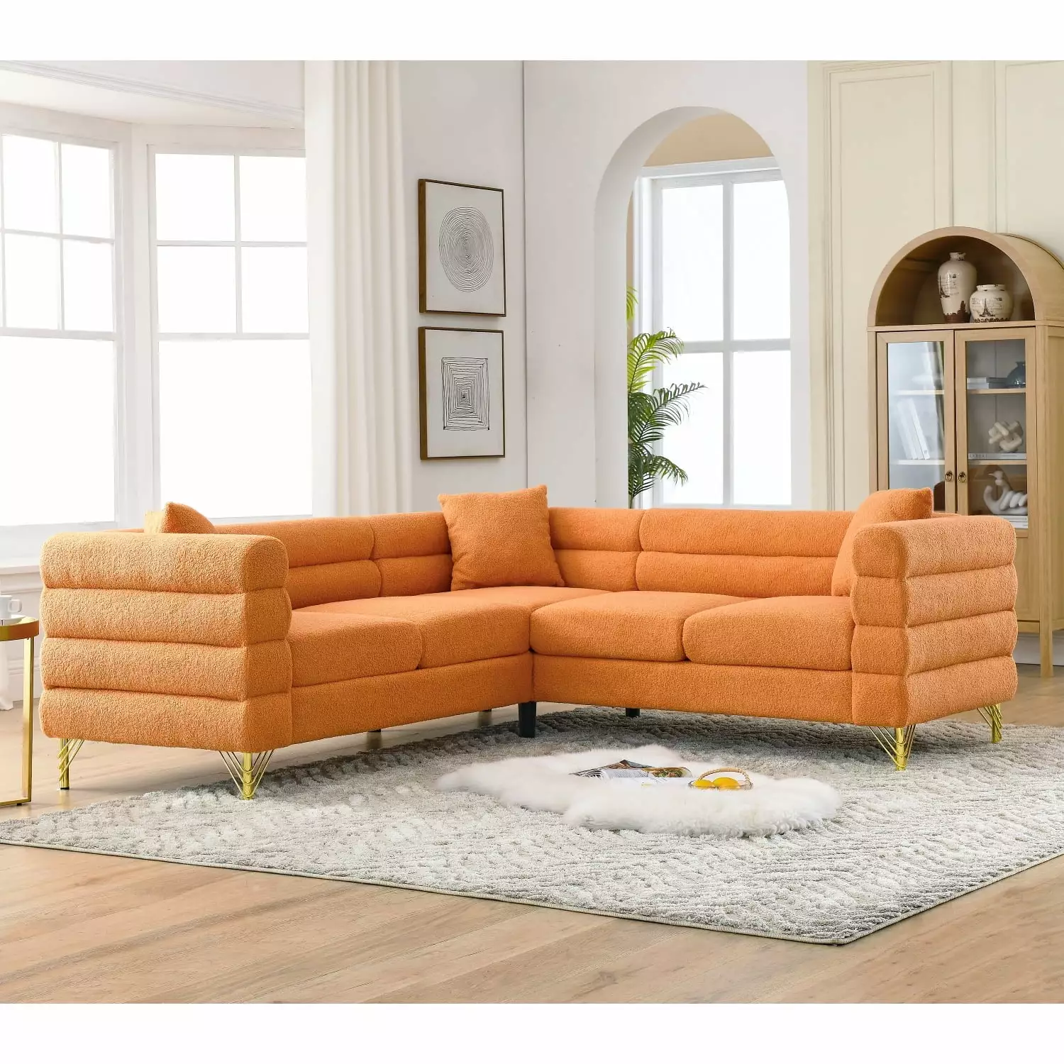 Luxurious Oversized L-Shaped Corner Sofa Cover Set - 5-Seater Sectional Couch 3 Cushions Orange Velvet Ponnky