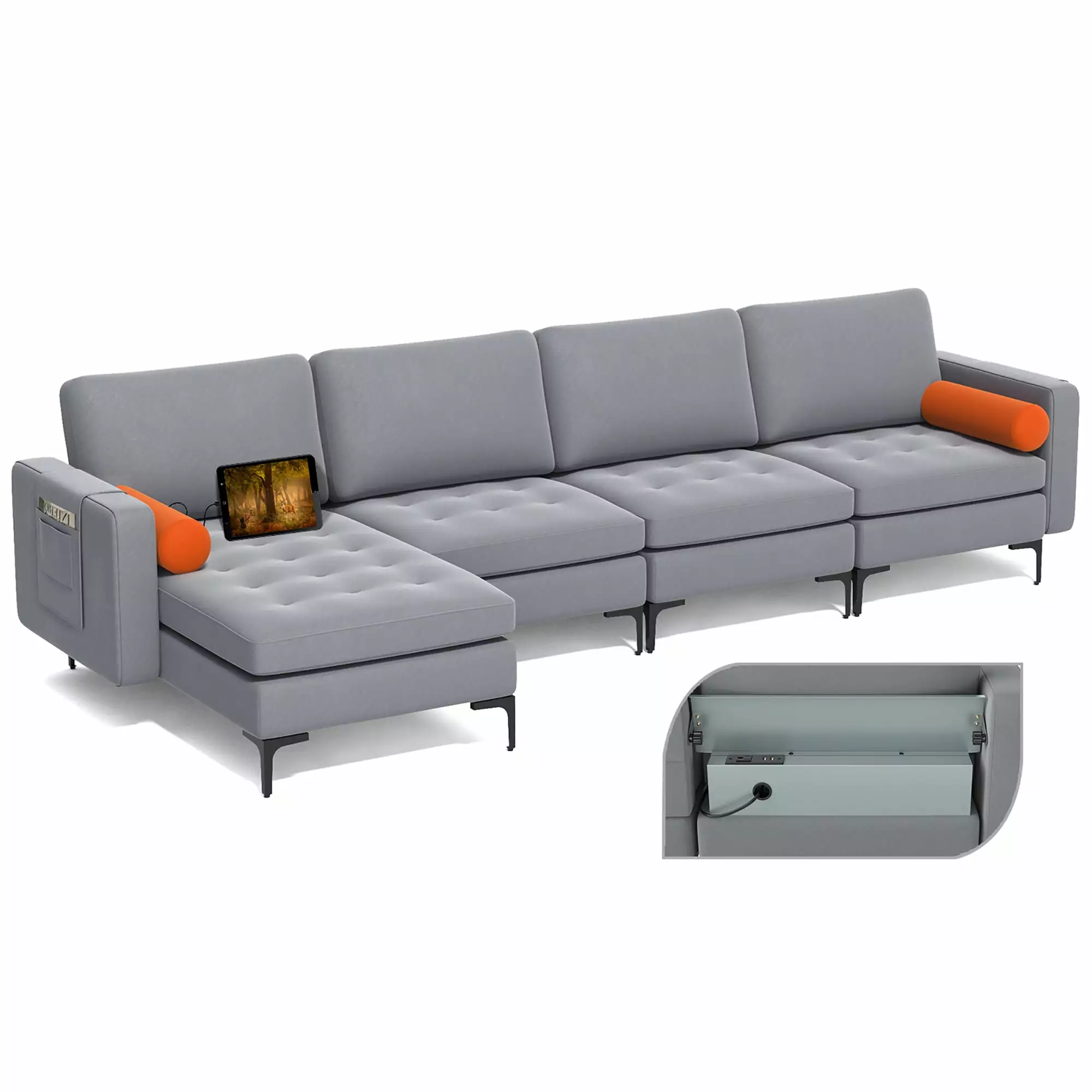 Costway Modular Extra-Large 4 Seat Sectional Sofa Reversible Chaise and 2 USB Ports Ash Grey - Modern Living Room Furniture