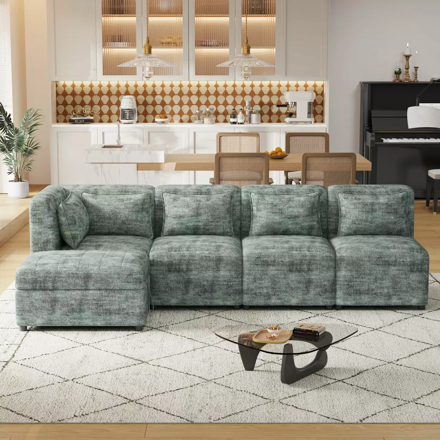 Blue Green 5-Seater Modular Sectional Sofa Storage Ottoman and Pillows HATNOKIL