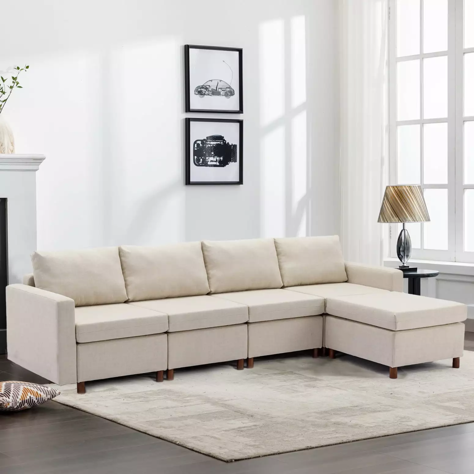 Elegant Cream 4-Seat Modular Sectional Sofa Ottoman Linen Upholstery Foam Cushions Wood Framework HATNOKIL