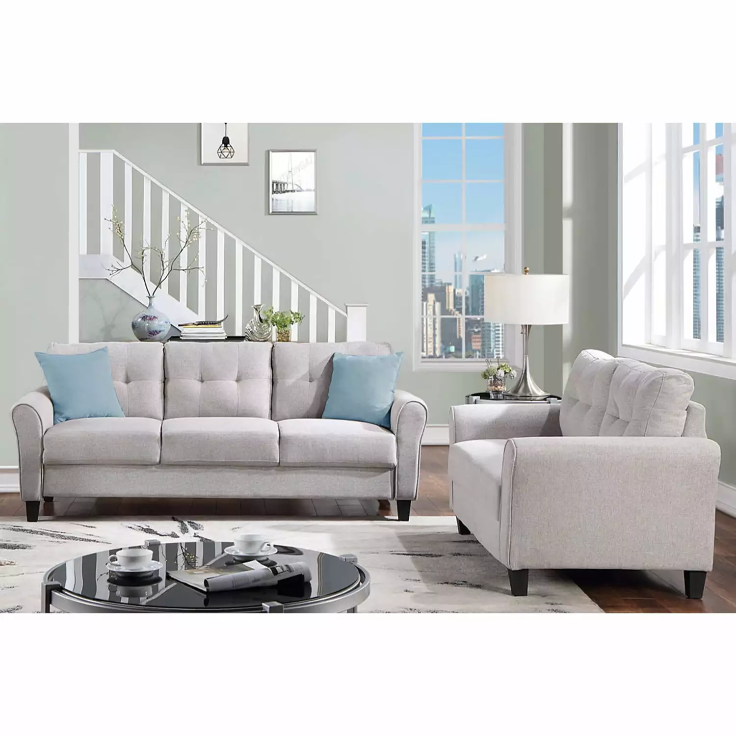 Modern Linen Upholstered Sofa Set Living Room or Office - Light Grey 2 & 3 Seats Combo Button Tufted Design Ponnky