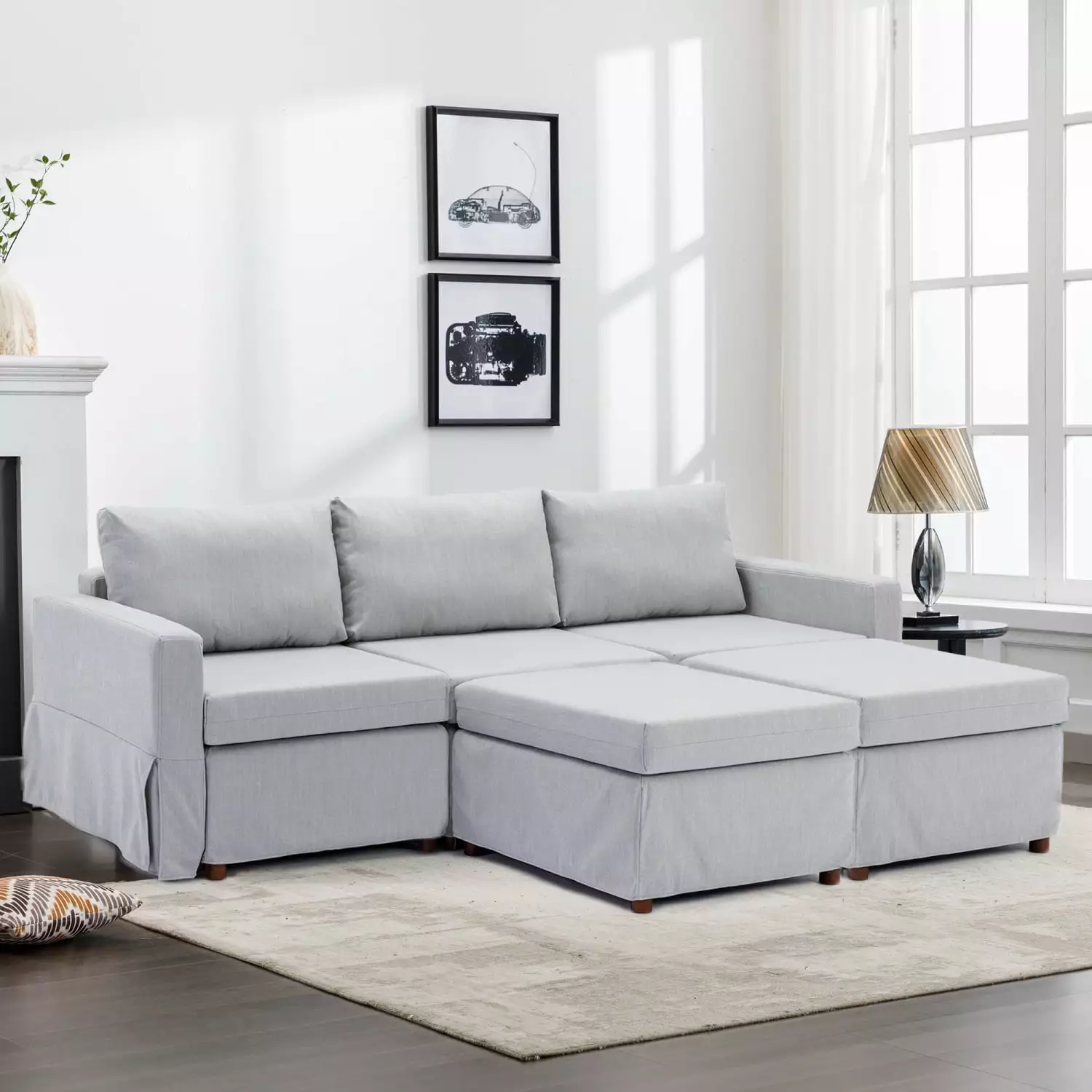 3 Seat Module Sectional Sofa Couch 2 Ottoman Removable Washable Cushions Light Grey Ponnky