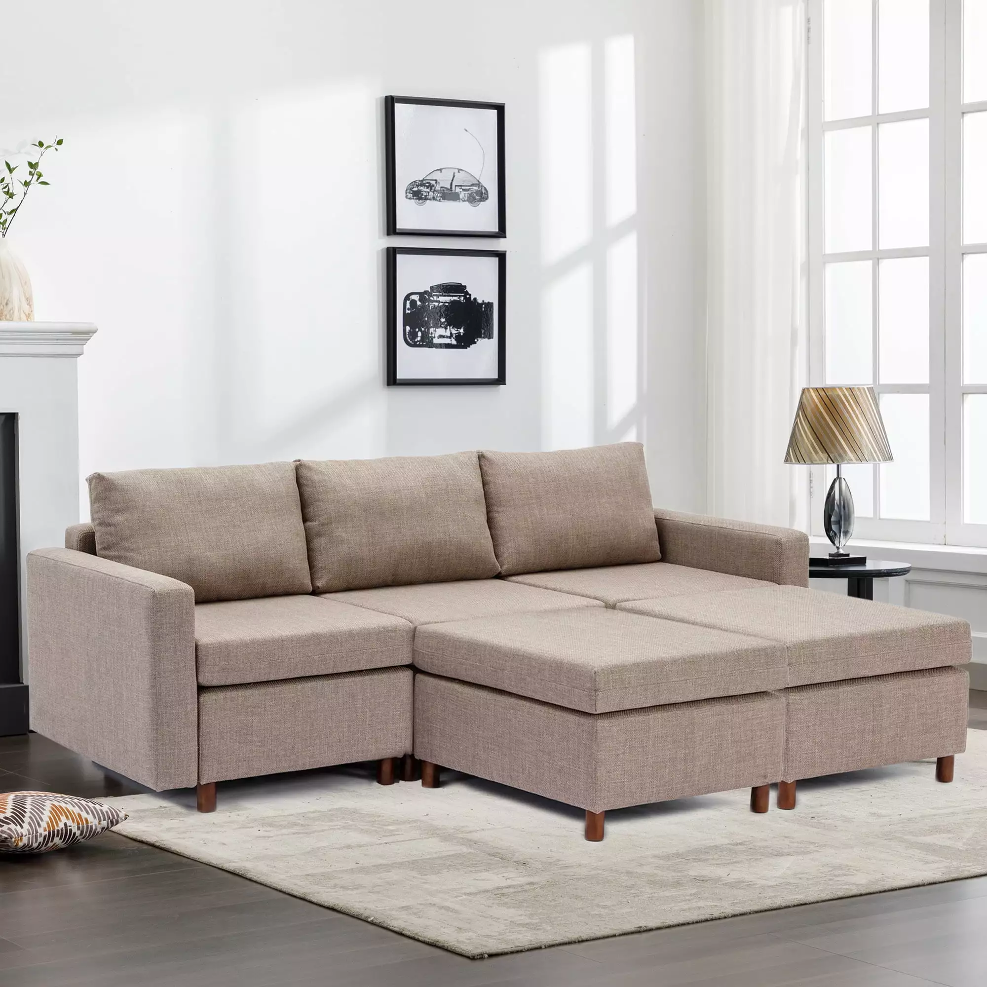 Brown 3-Seat Modular Sectional Sofa Couch 2 Ottomans Living Room SNAILF