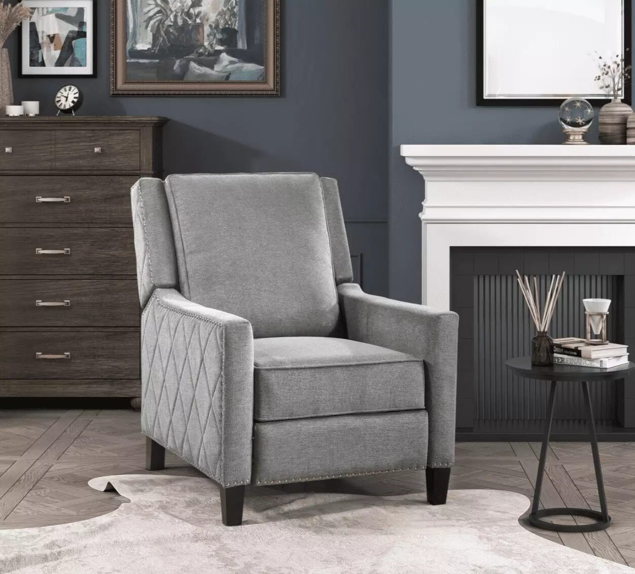 Solidwood Push Back Self Reclining Chair Gray Textured Fabric Modern Esofastore