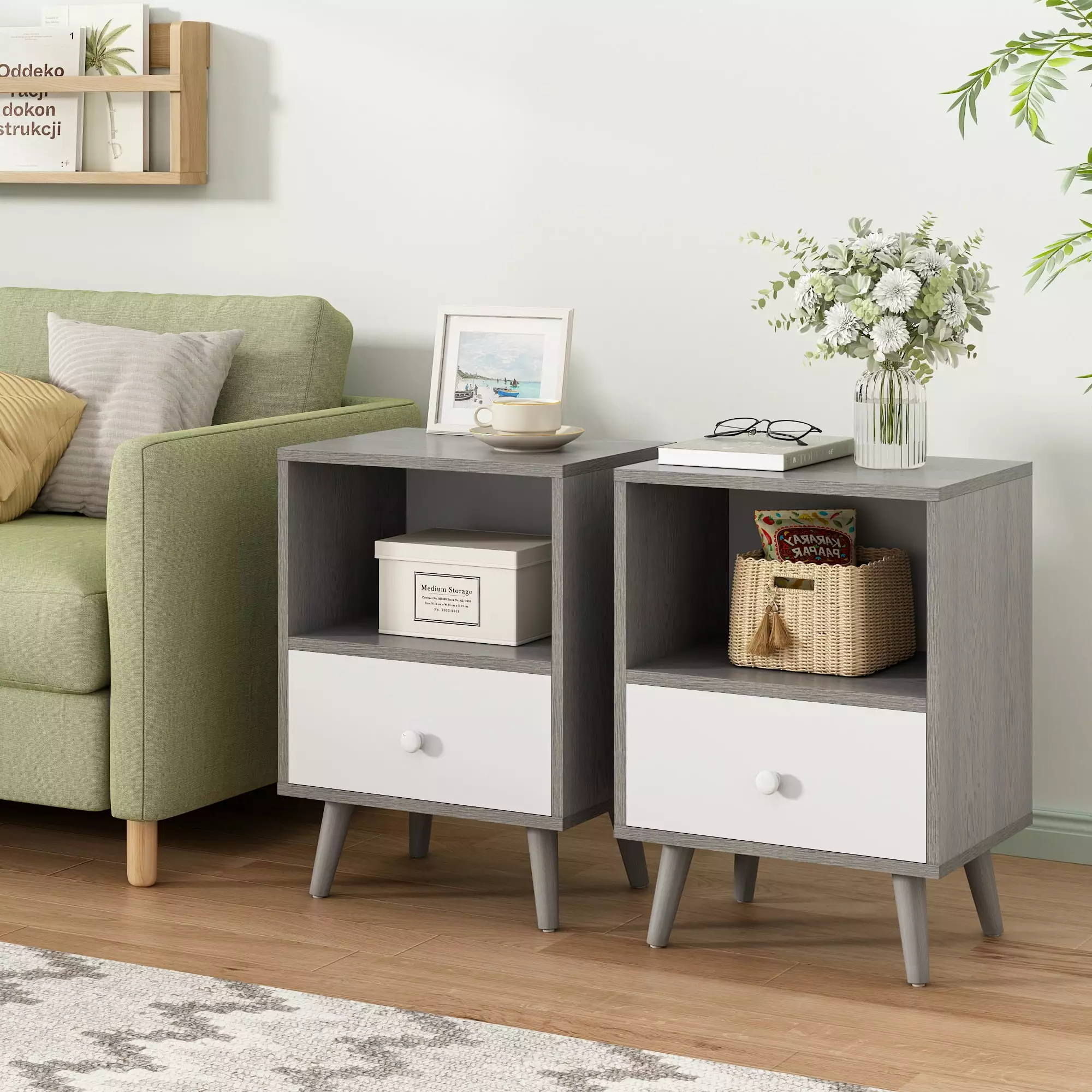 JAXPETY Set 2 Natural Wood Nightstands Drawer and Open Shelf