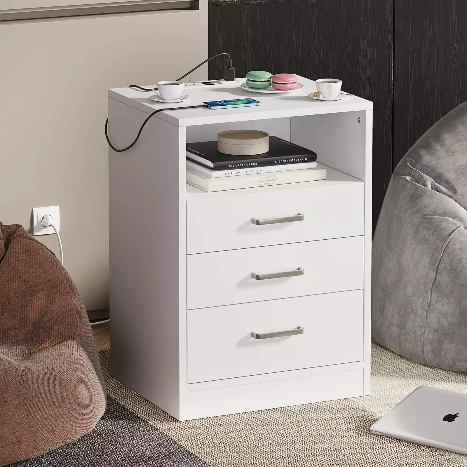 Set 2 White Nightstands 3 Drawers and USB Charging Station Bedside Tables Open Storage Kicode