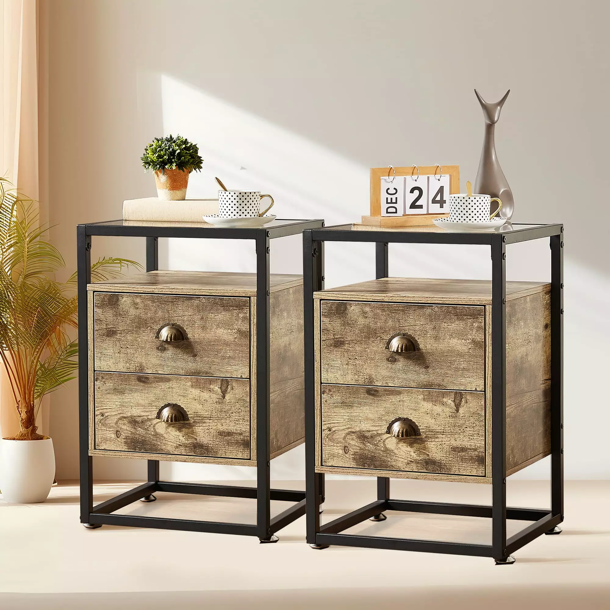 VECELO Set 2 Glass Top Nightstands 2-Drawer Modern Side End Table Gray