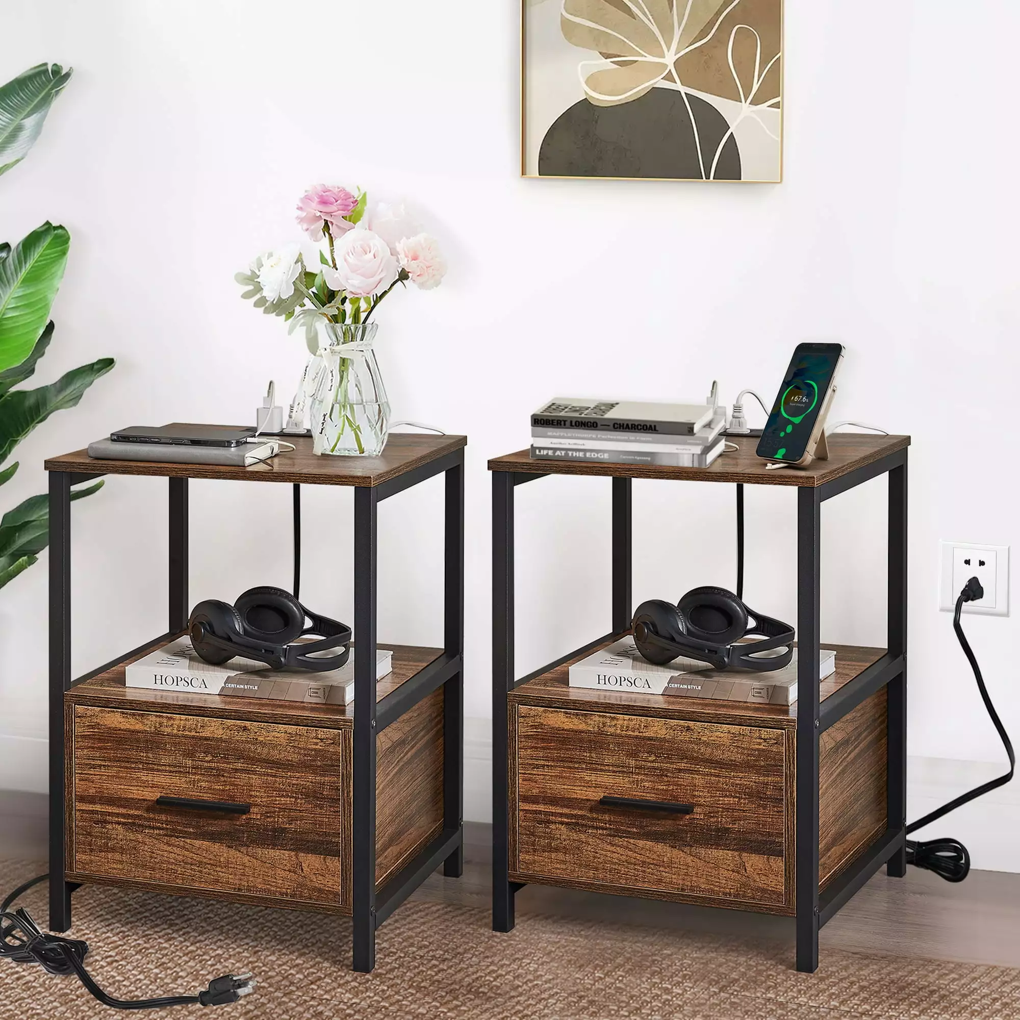 VECELO Set 2 Nightstands Charging Station USB Ports Outlet Modern Side Table Brown