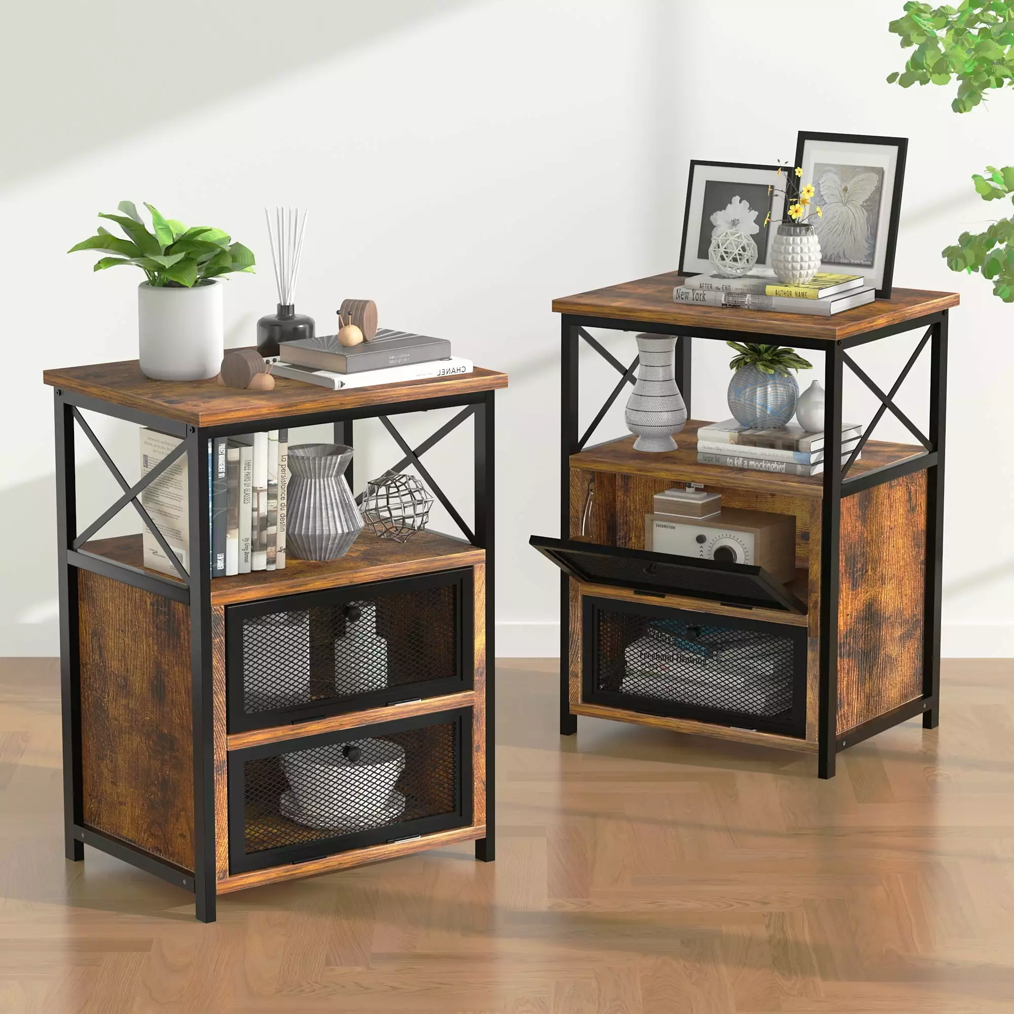 VECELO Set 2 Nightstands Flip Doors Brown Side End Tables Bedroom