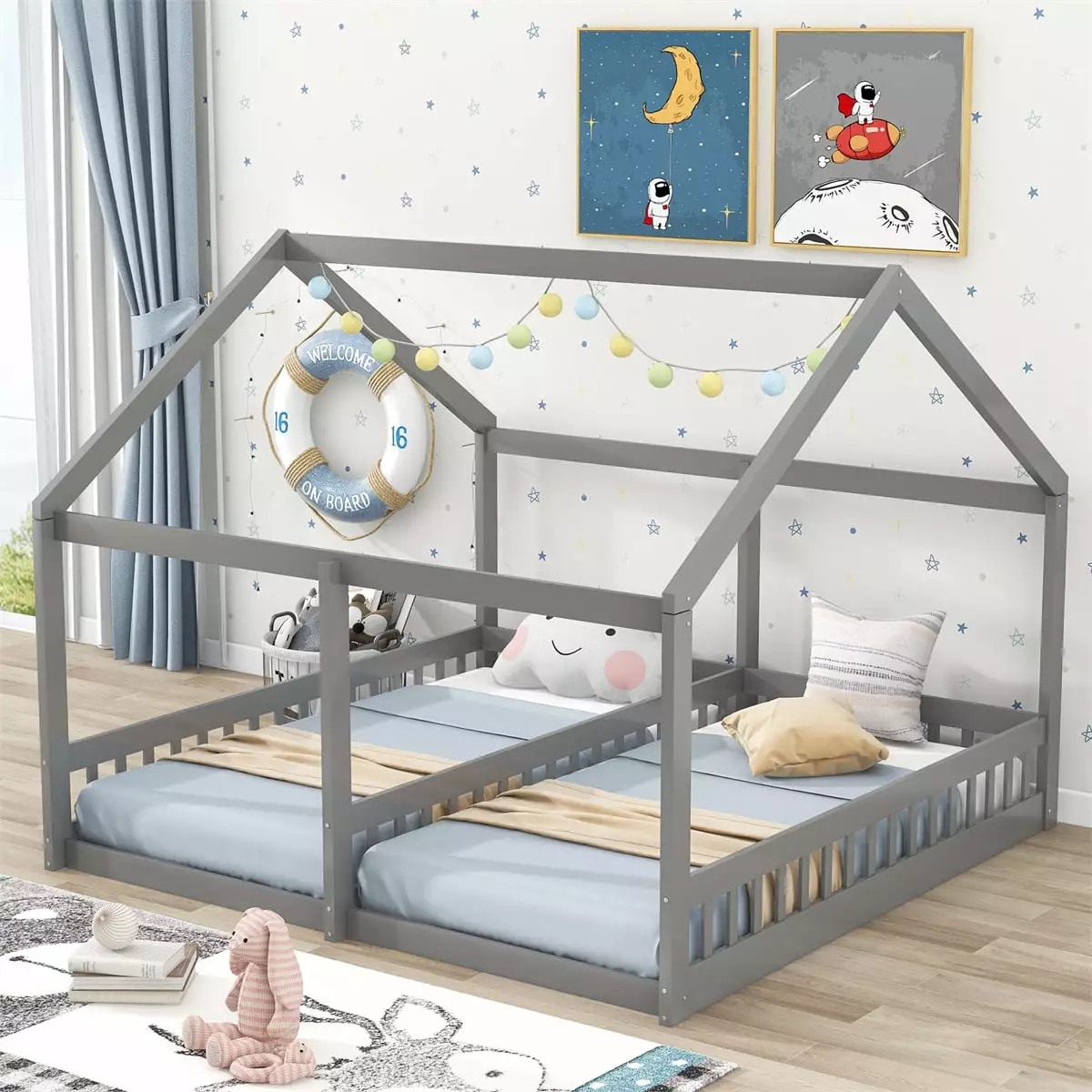 Twin Houtilize Bed 2 Double Shared Platform Beds Kids Teens Solid Wood 2 1 Floor Bed Frame Gray ARCTICSCORPION
