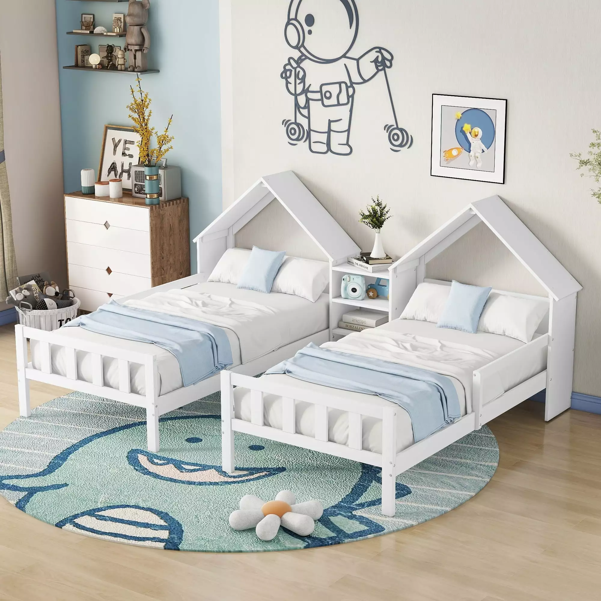 Bellemave Double Twin Size Bed Frame Built- Nightstand and Houtilize Headboard Two Kids Boys Girls Teens White
