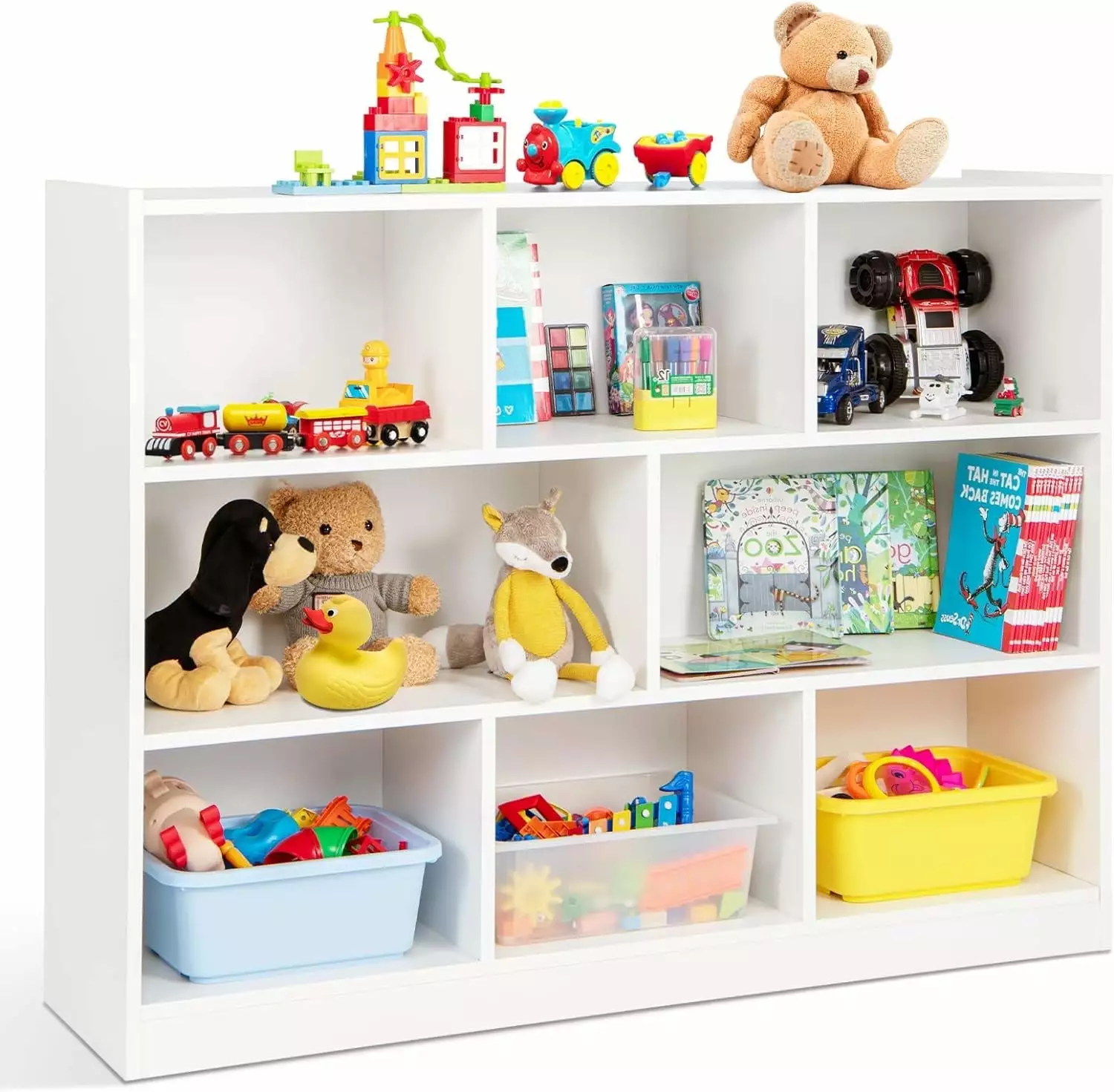 YOJFOTOOU Kids Toy Storage Arranger, 8-Section 3-Tier Open Wooden Display Shelf Classroom and Playroom - White YoJoFHM