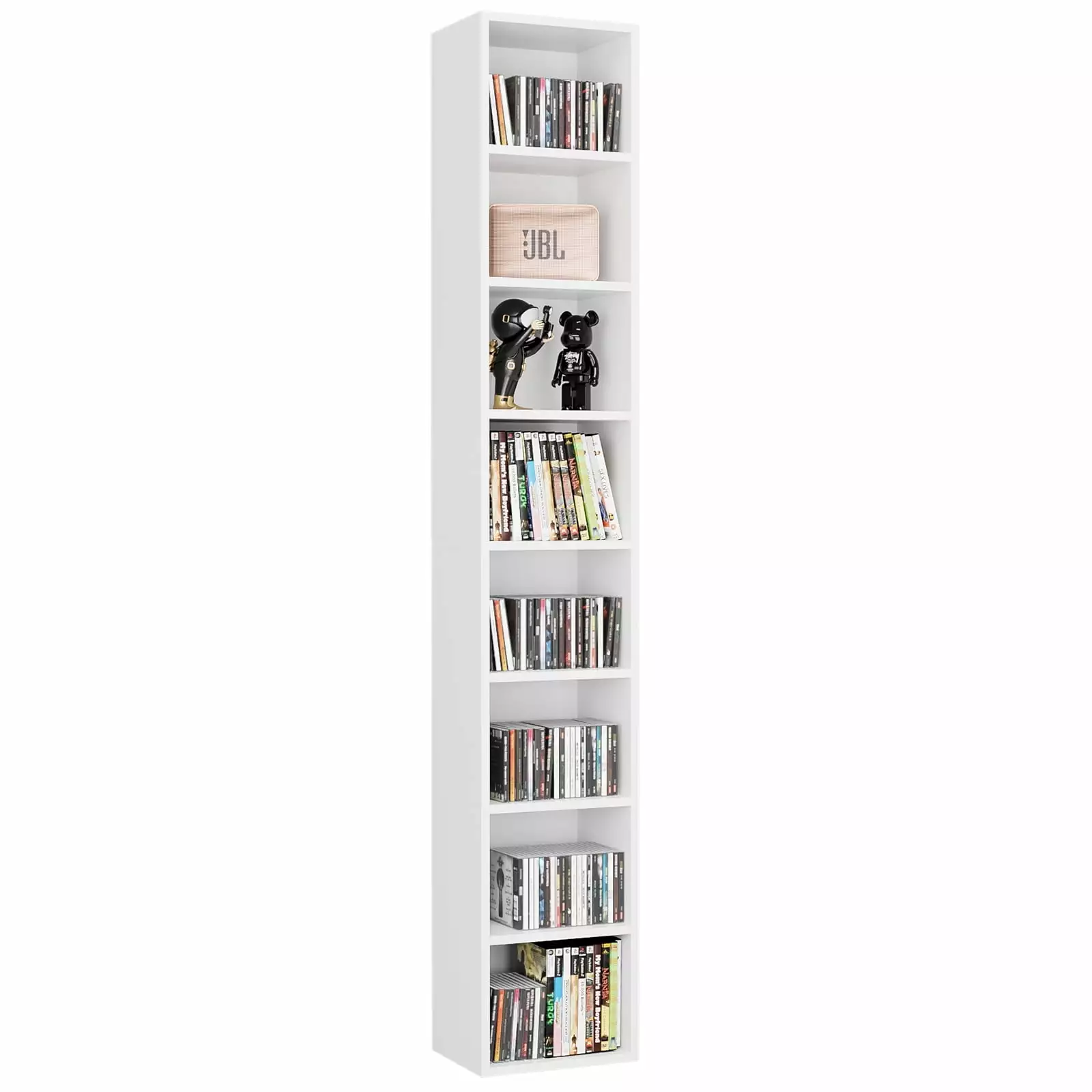 Homfa 8-Tier Media Tower 4 Adjustable and 3 Fixed Shelves CD DVD Storage White
