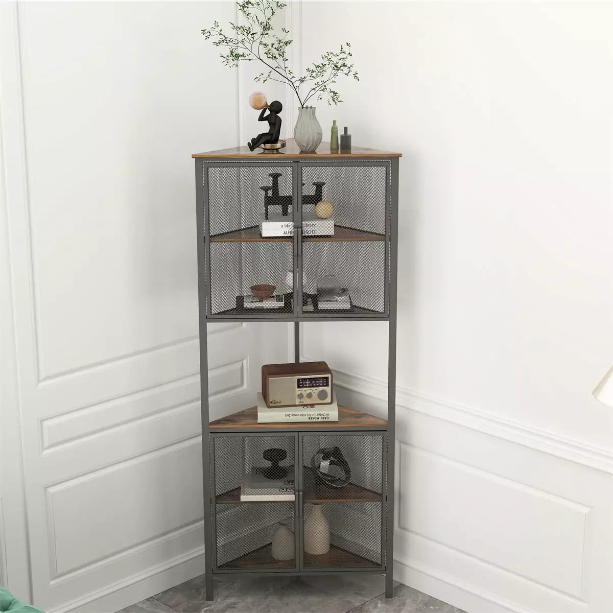 5-Tier Shelves Metal Mesh Door Bookcase Storage Shelf Corner Shelf Living Room HOMIQUEEN