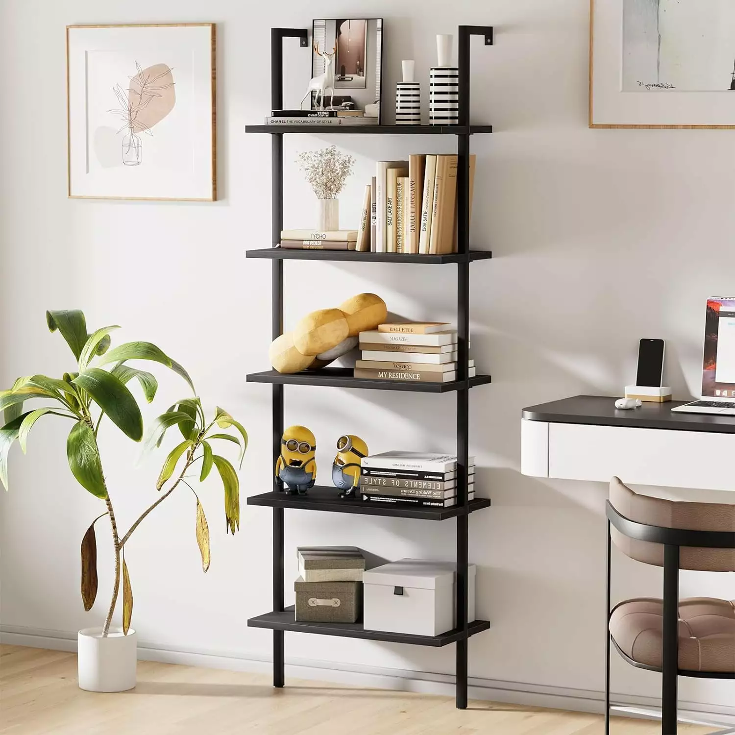Tcbosik 5 Tier Ladder Shelf Modern Bookshelf Open Wall Mount Storage Living Room Office Walnut Black