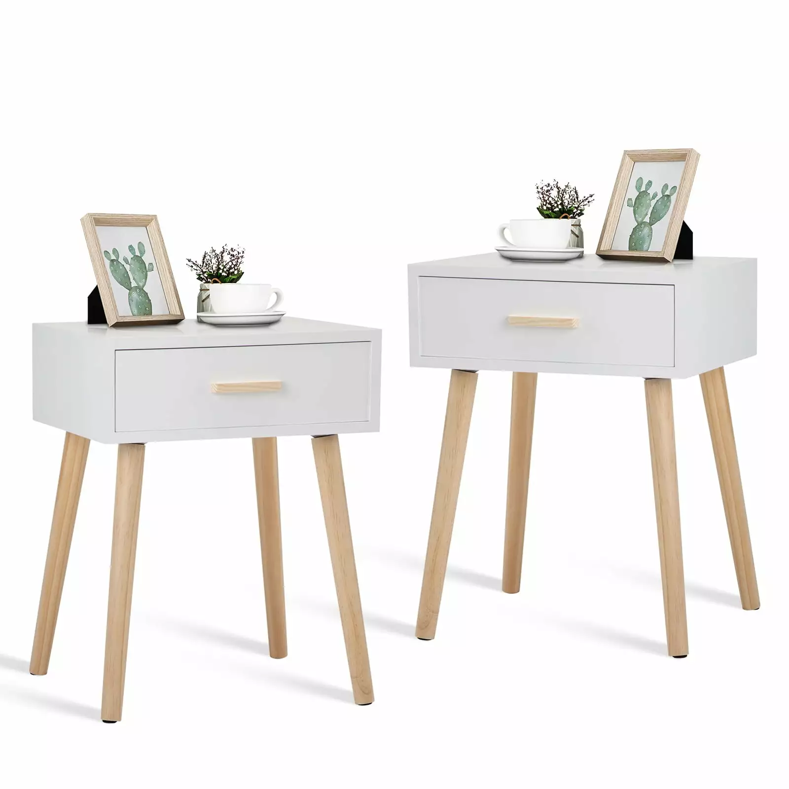 2 Pieces Side Tables Bedroom - White Nightstand High Foot Drawers - End Table Living Room Syngar