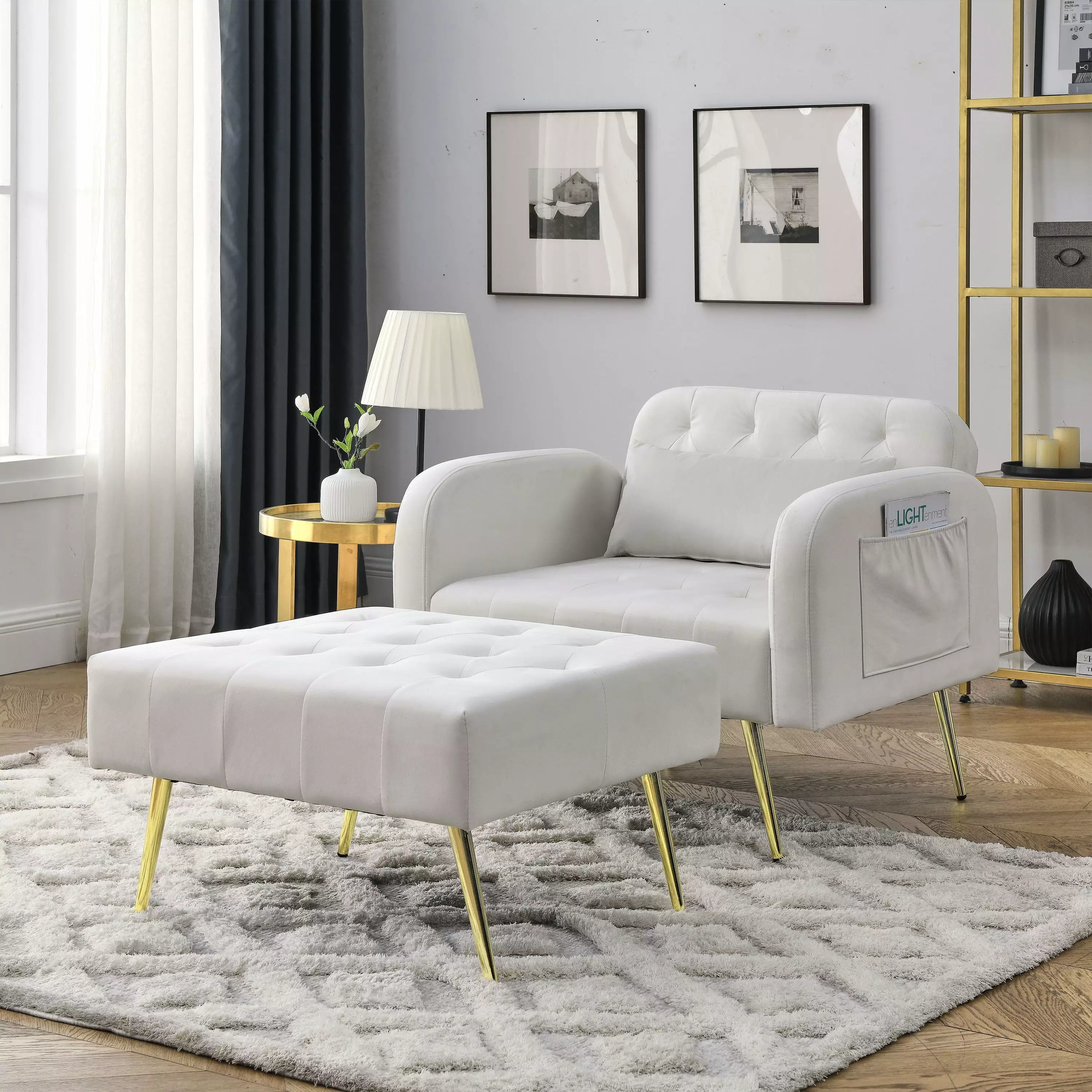 LANTRO JS Modern Adjustable Backrest Recliner Single Sofa Armchair Footrest and Gold Legs