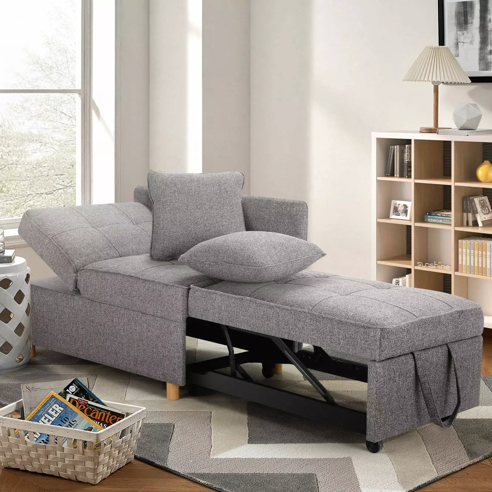 VIBESPARK Gray Convertible 4 1 Linen Sleeper Chair Adjustable Backrest and 2 Pillows