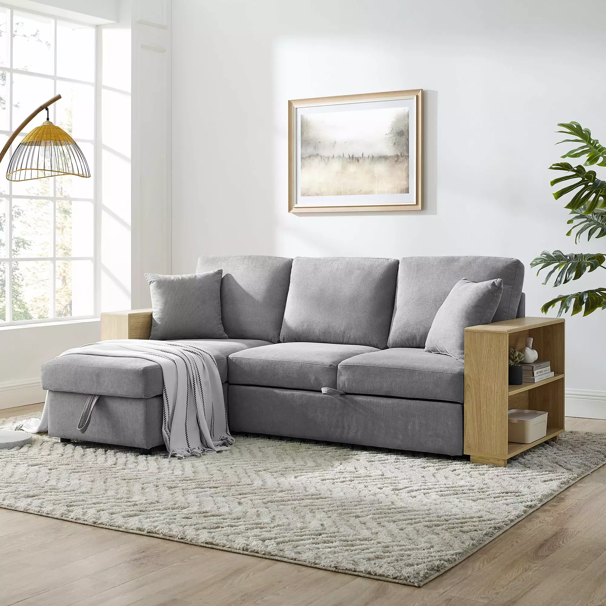 Sectional Sofa Pull Out Bed and Storage Chaise Grey Lantro JS