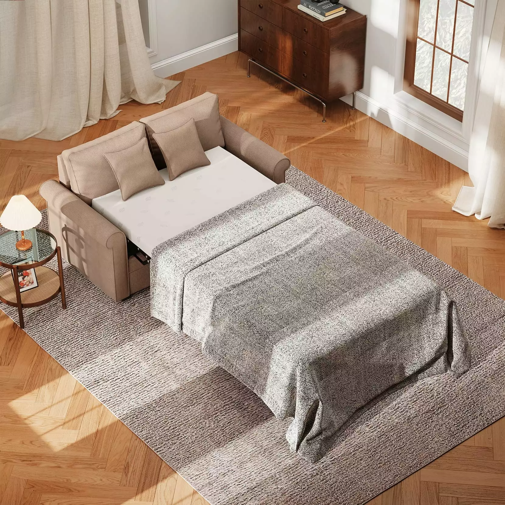 2 1 Upholstered Sleeper Sofa 2 Seater Loveseat Couch Neche Corduroy Fabric Pull Out Memory Foam Mattress Futon Brown