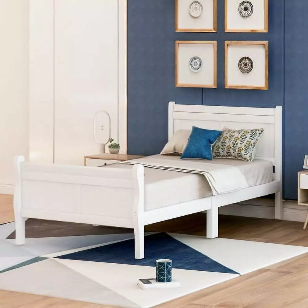 Twin Size Platform Bed Solid Wood Frame Headboard Footboard Sleigh Bed 10 Wood Slats No Box Spring White INCLAKE