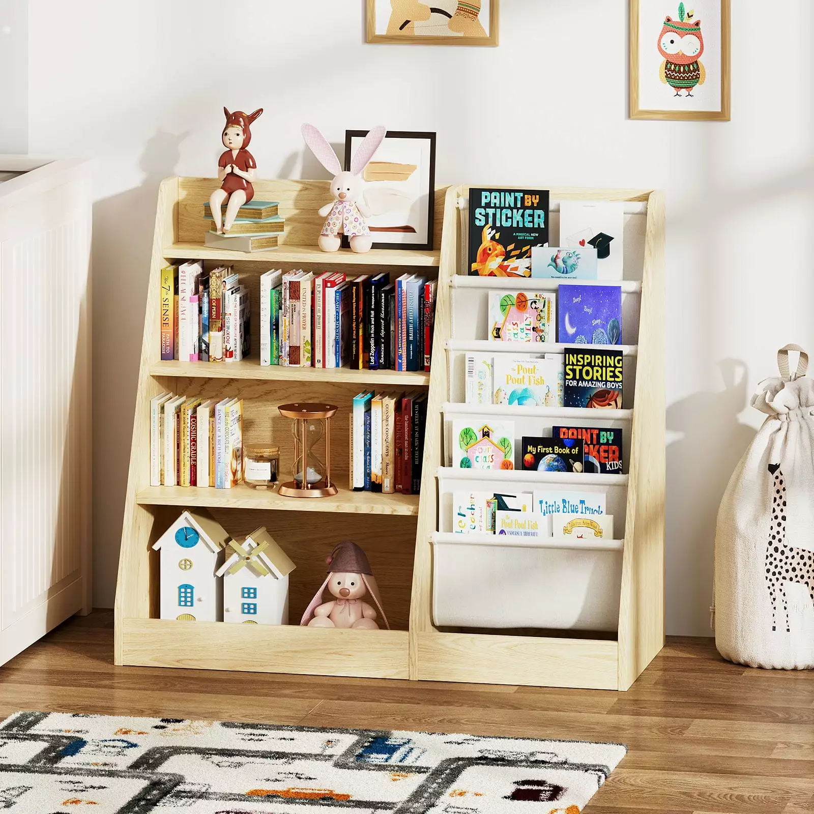 Burlywood 4 Tier Kids Bookshelf Storage Book Rack Five Layer Sling Playroom Hironpal