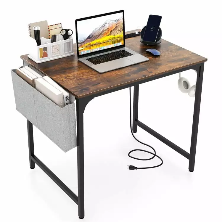 Kepooman 32 Inch Rustic Brown Home Office Desk Charging Station and Storage