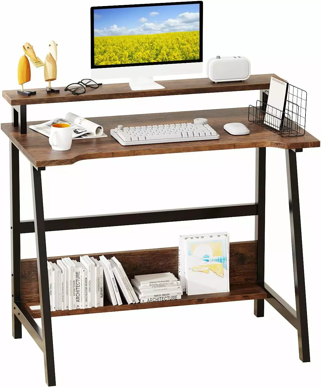 FETON 31.5 Inch Modern Small Computer Desk Storage Shelf Home Office