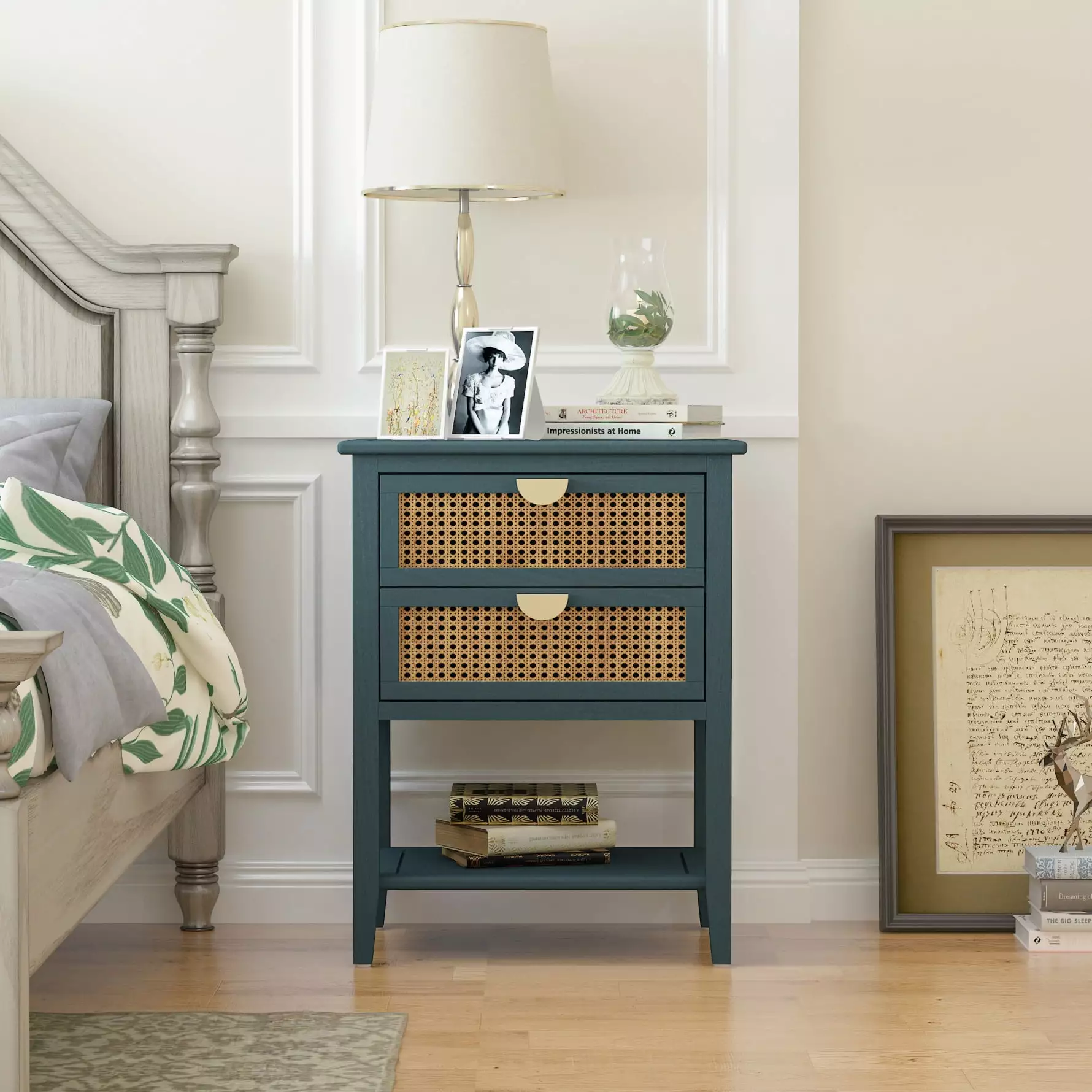 Nightstand 2 Drawers End Table Small Spaces Side Table Open Shelf Storage Green Triple Tree