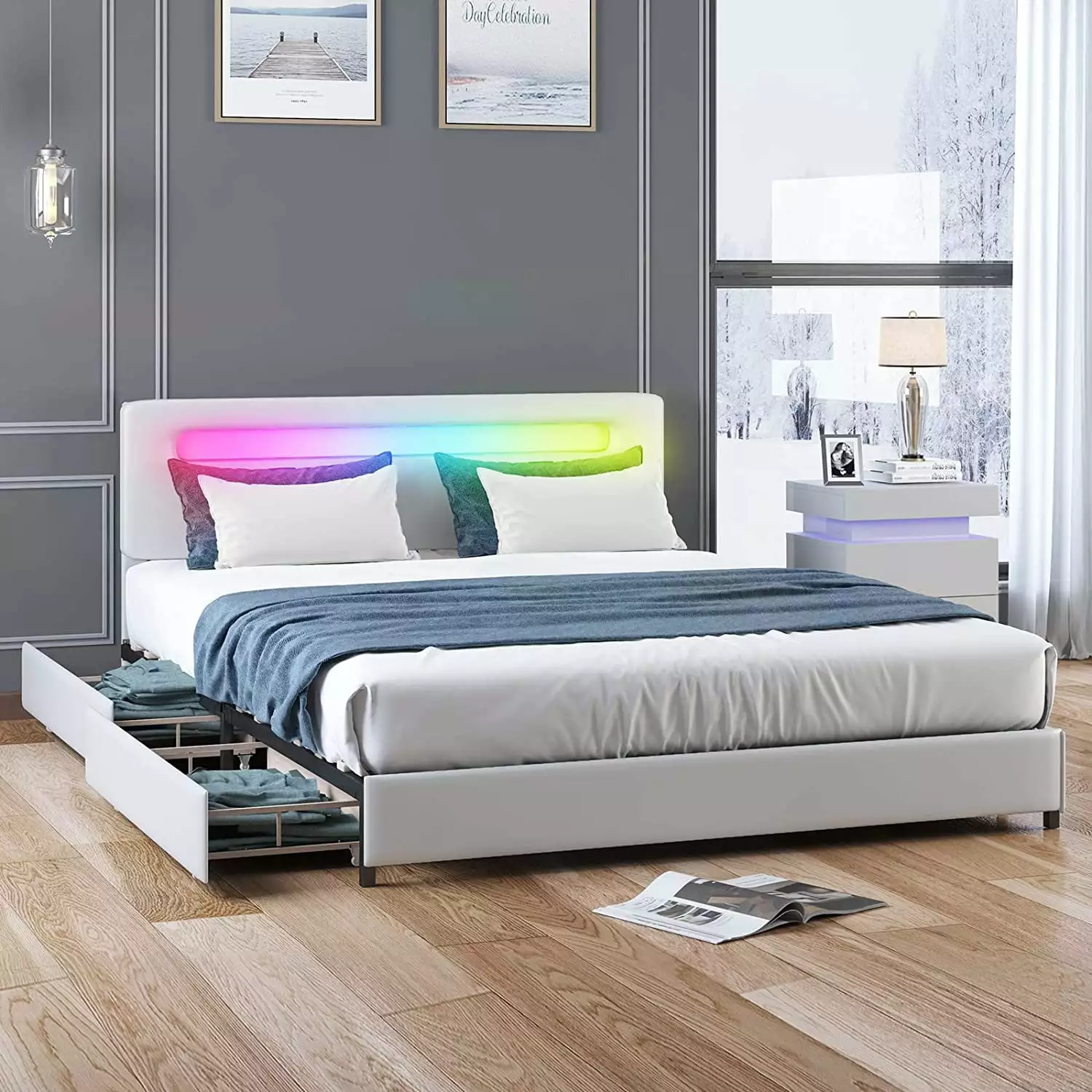 BALUS Full Size LED Bed Frame 4 Drawers RGB LED Platform Bed Frame Headboard Color Changing Music App Control Synergistic ...