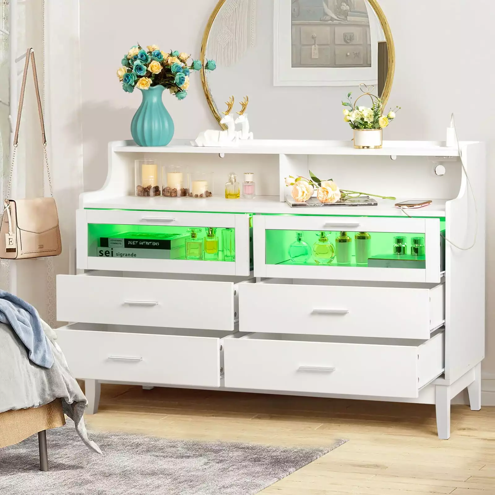 Ktaxon 6 Drawer Double Dresser LED and USB Charging Station Kids Nursery Dresser FCH