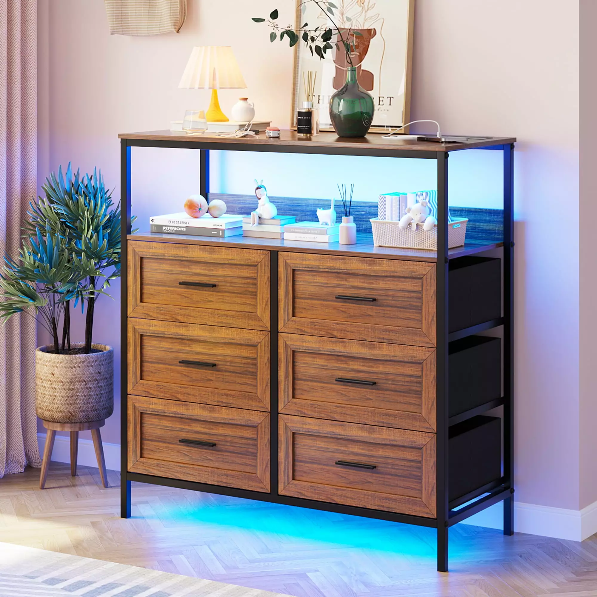 HNEBC 6 Drawer Dresser Charging Station LED Lights and Human Sensor
