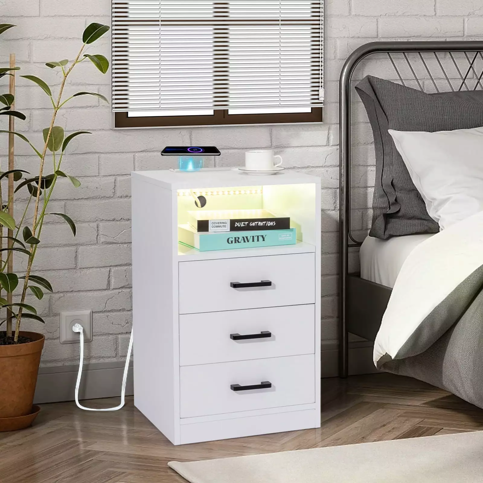 Ktaxon LED Nightstand Wireless Charging Station 3 Drawer Modern Bedside Table FCH